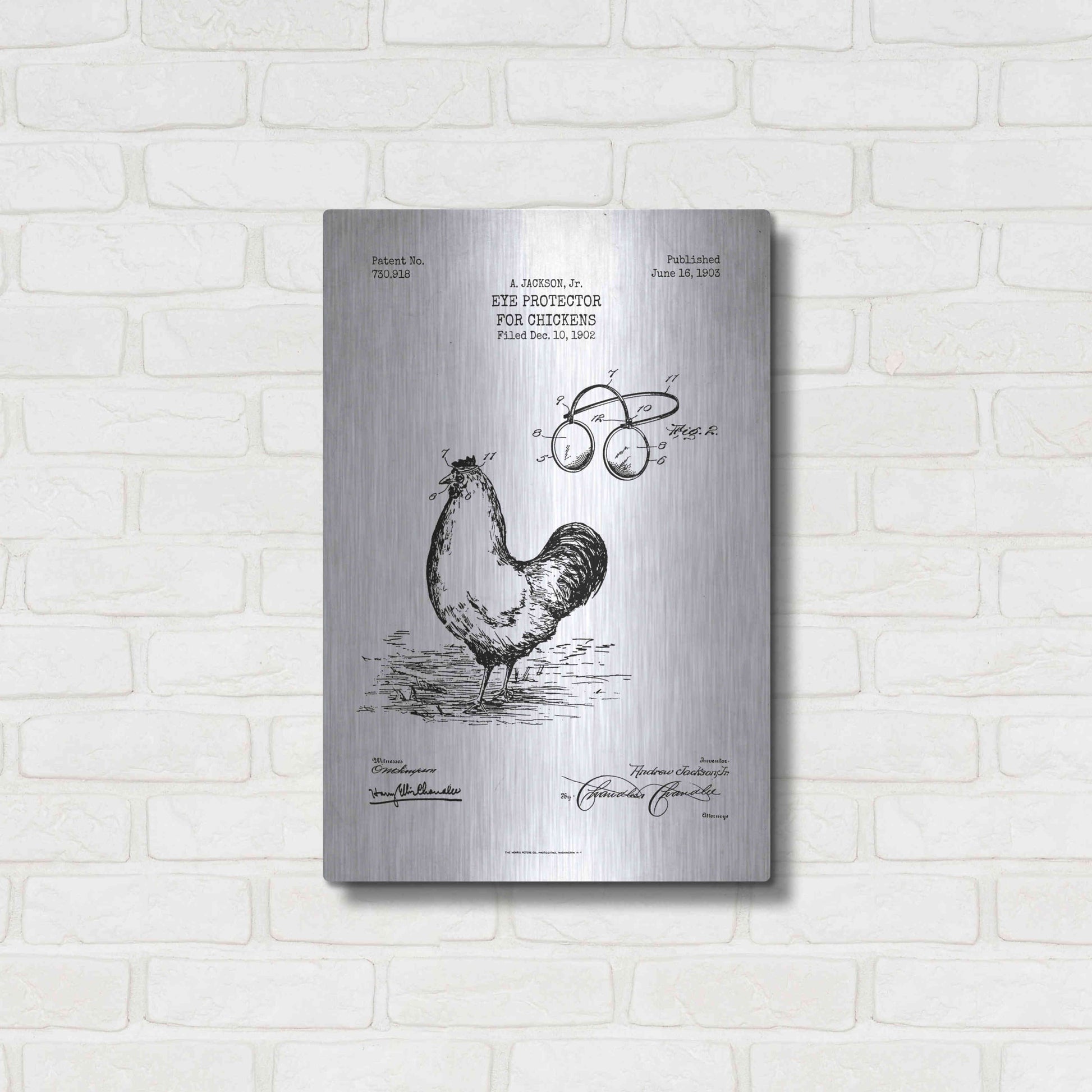 Luxe Metal Art 'Eye Protector for Chickens Blueprint Patent White' Metal Wall Art,16x24