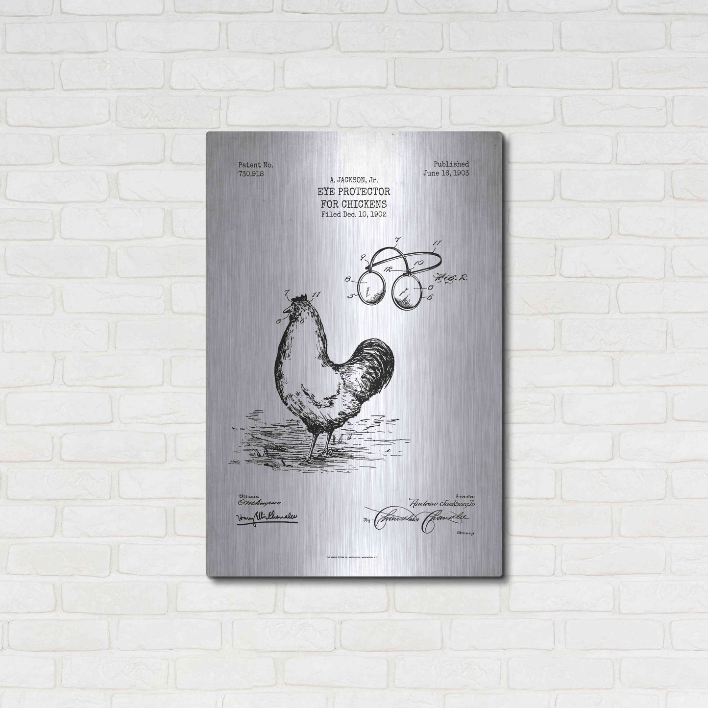 Luxe Metal Art 'Eye Protector for Chickens Blueprint Patent White' Metal Wall Art,24x36