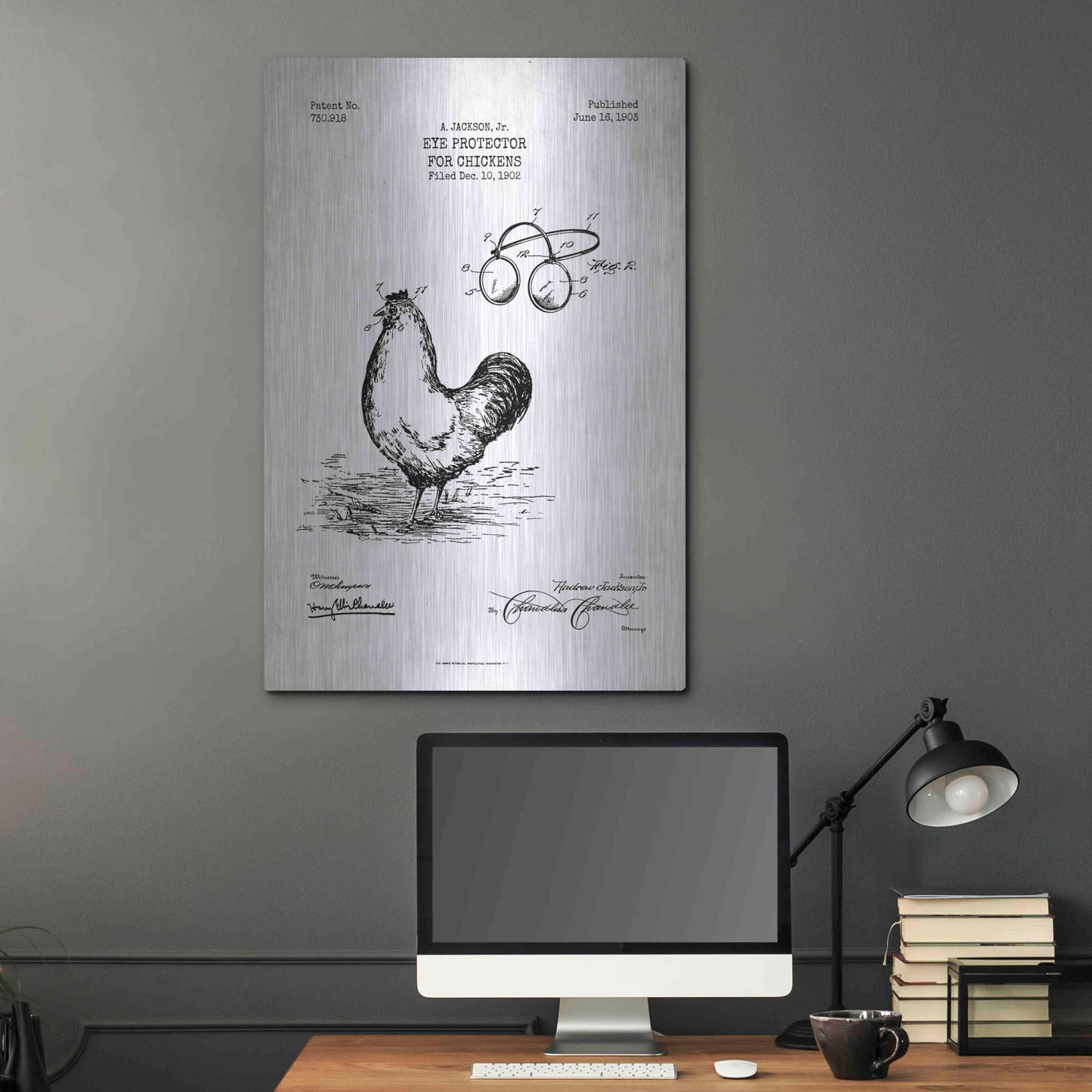 Luxe Metal Art 'Eye Protector for Chickens Blueprint Patent White' Metal Wall Art,24x36