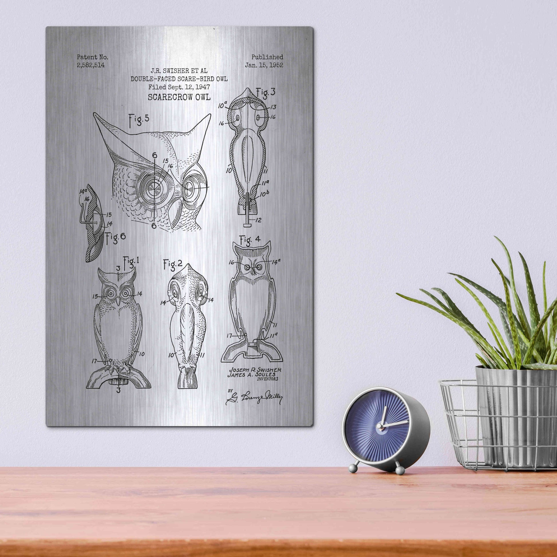 Luxe Metal Art 'Scarecrow Owl Blueprint Patent White' Metal Wall Art,12x16