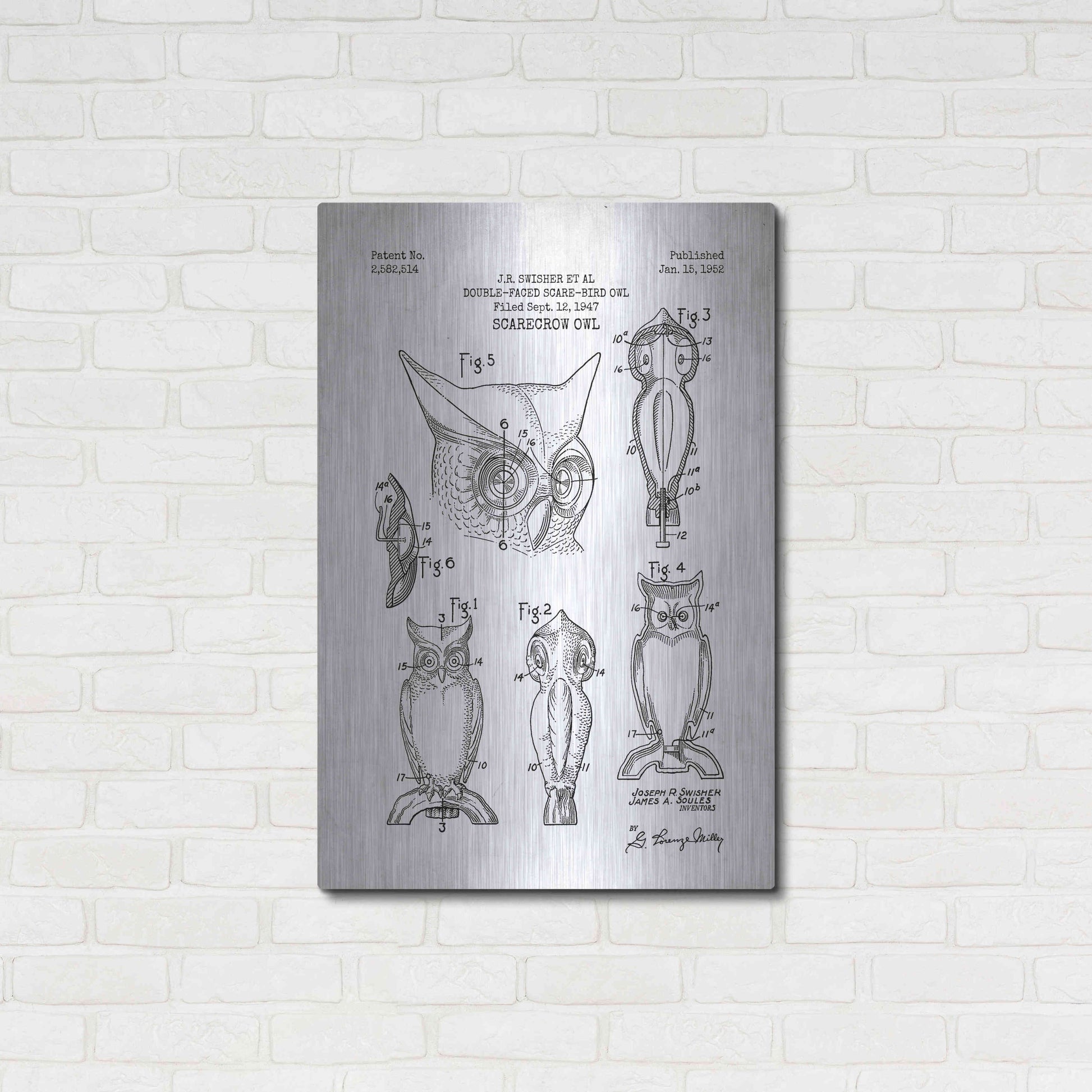 Luxe Metal Art 'Scarecrow Owl Blueprint Patent White' Metal Wall Art,24x36