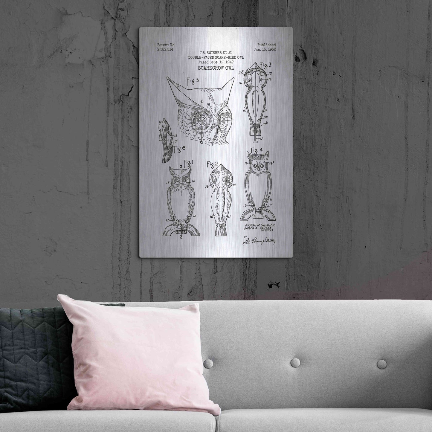 Luxe Metal Art 'Scarecrow Owl Blueprint Patent White' Metal Wall Art,24x36