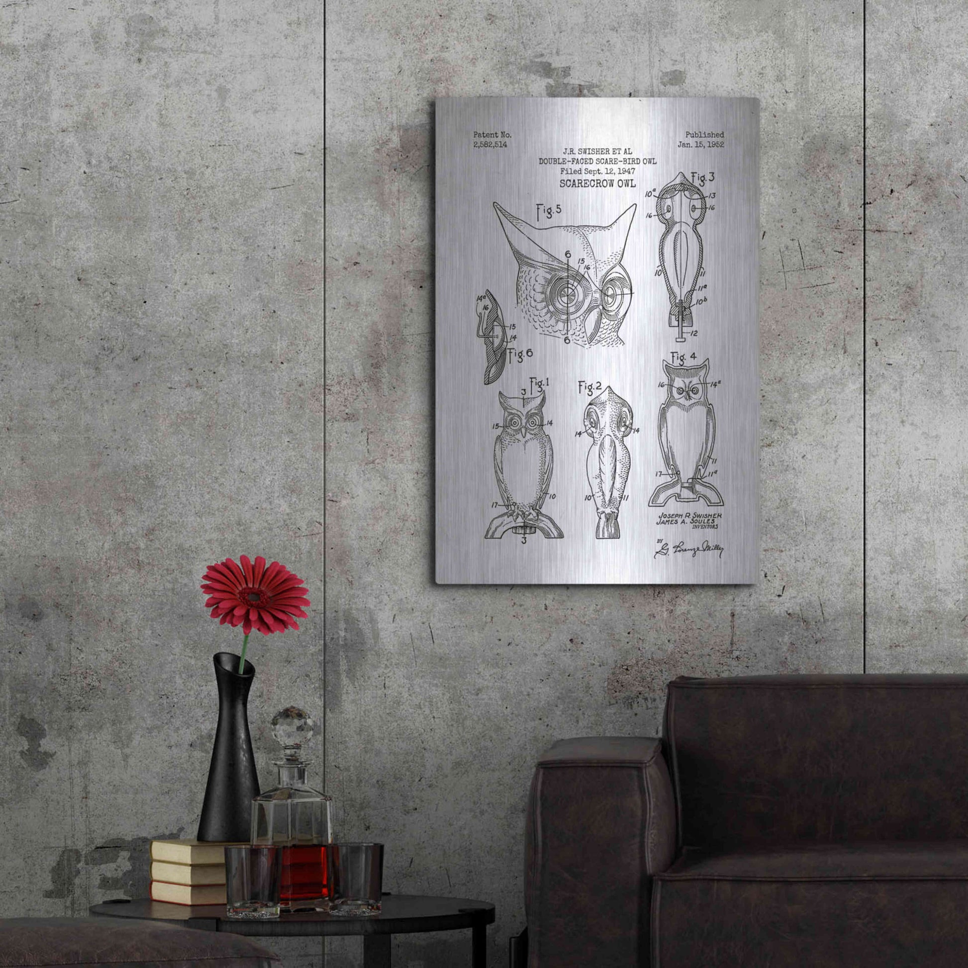 Luxe Metal Art 'Scarecrow Owl Blueprint Patent White' Metal Wall Art,24x36