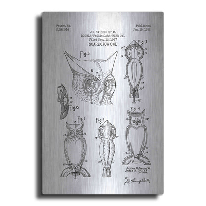 Luxe Metal Art 'Scarecrow Owl Blueprint Patent White' Metal Wall Art