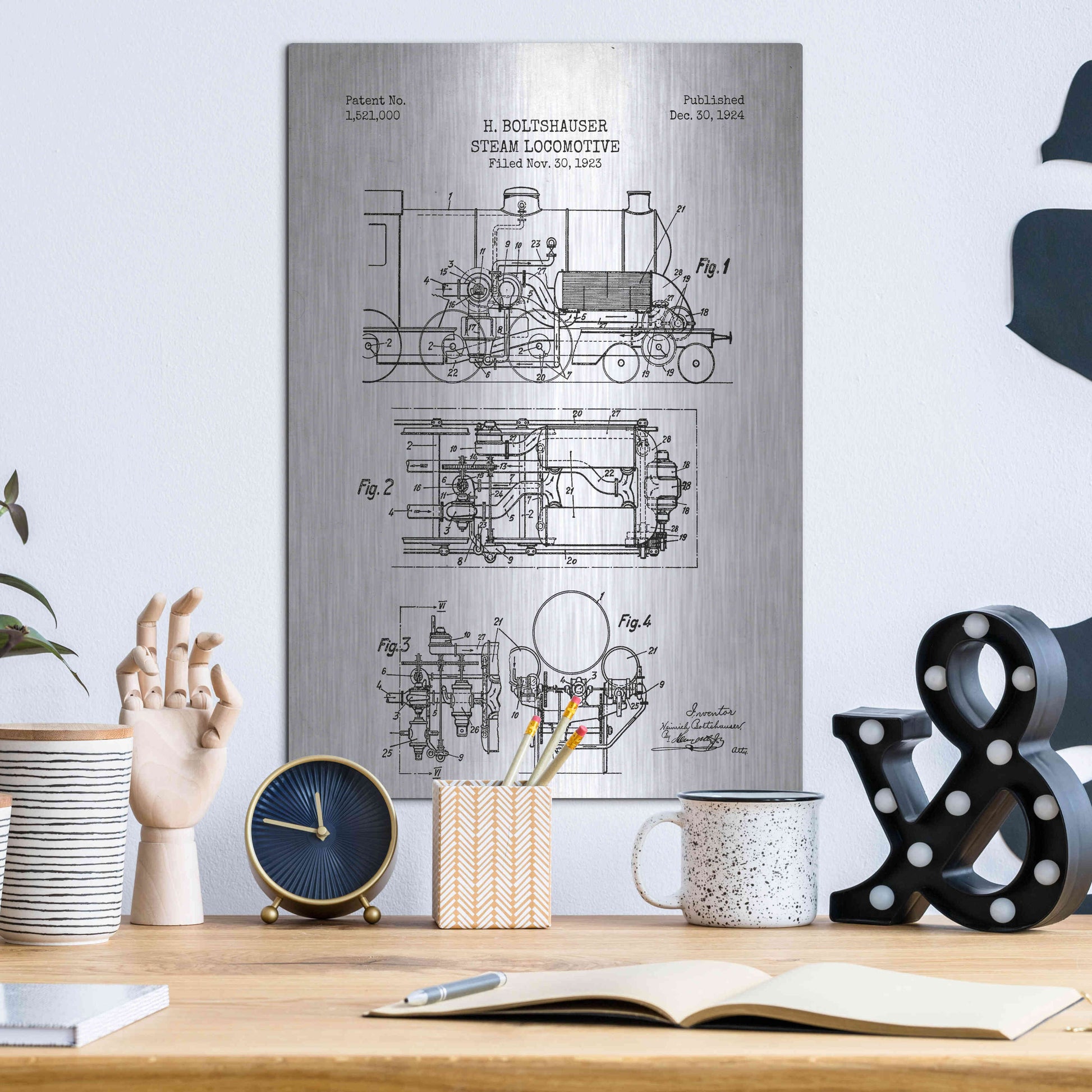 Luxe Metal Art 'Steam Locomotive Blueprint Patent White' Metal Wall Art,12x16