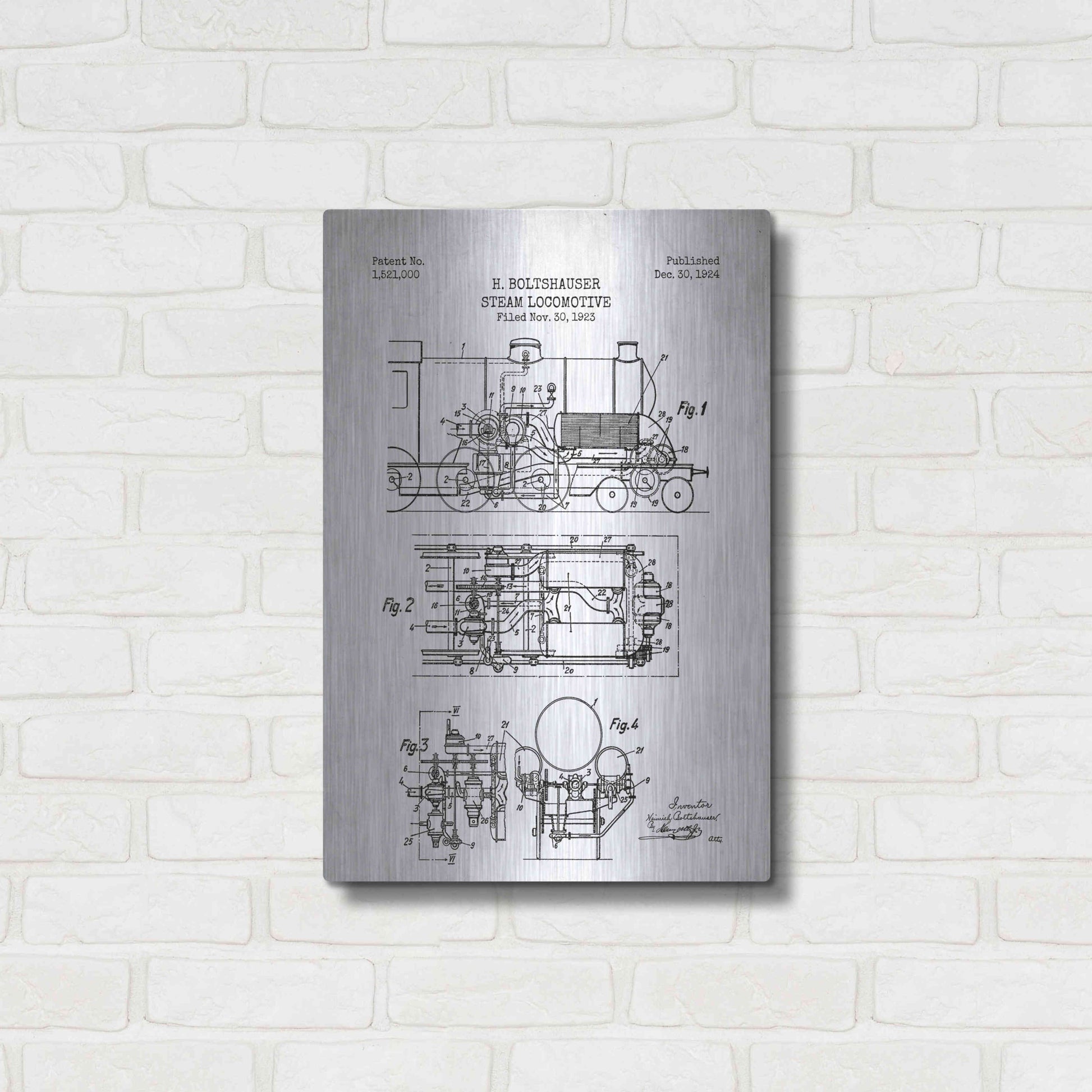 Luxe Metal Art 'Steam Locomotive Blueprint Patent White' Metal Wall Art,16x24