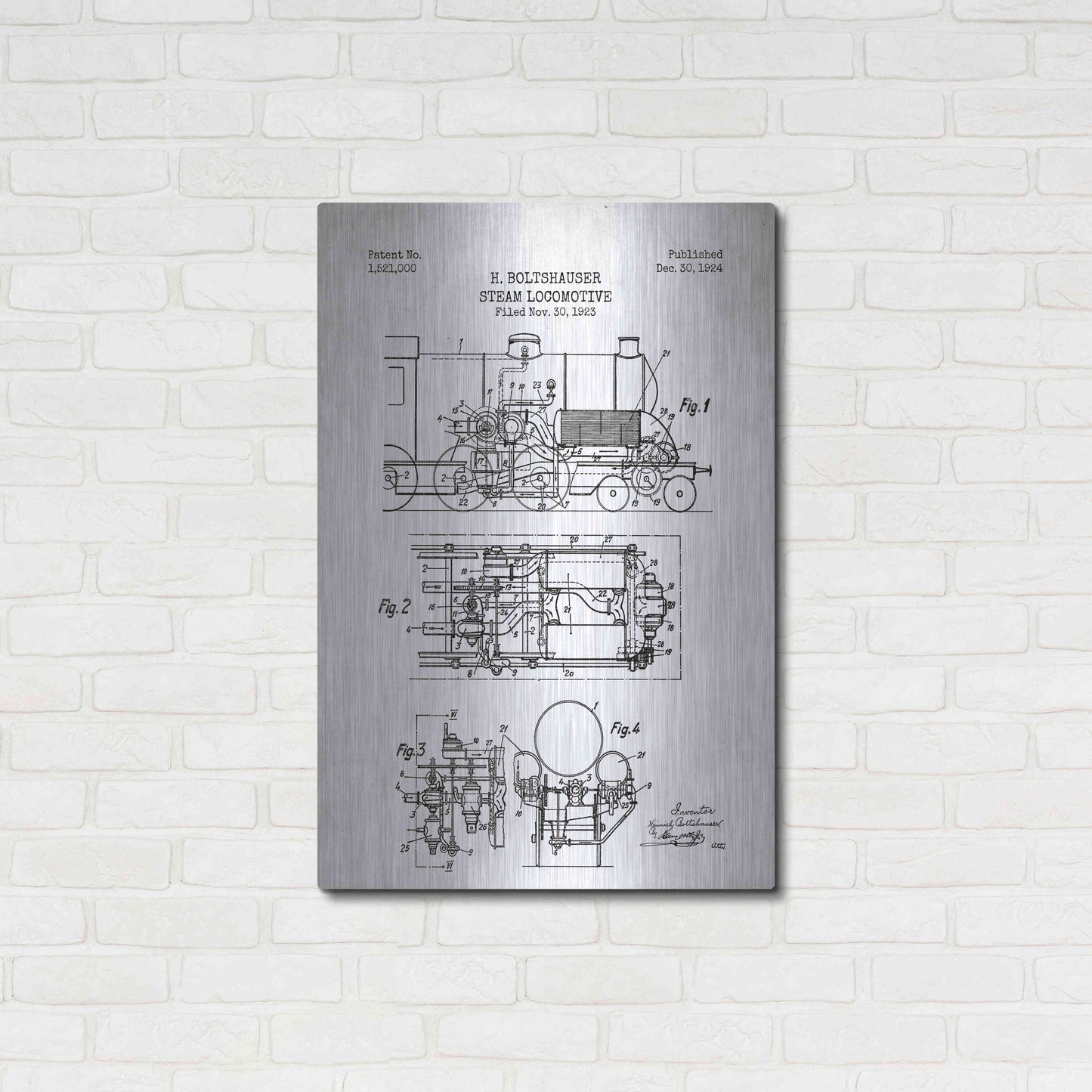 Luxe Metal Art 'Steam Locomotive Blueprint Patent White' Metal Wall Art,24x36