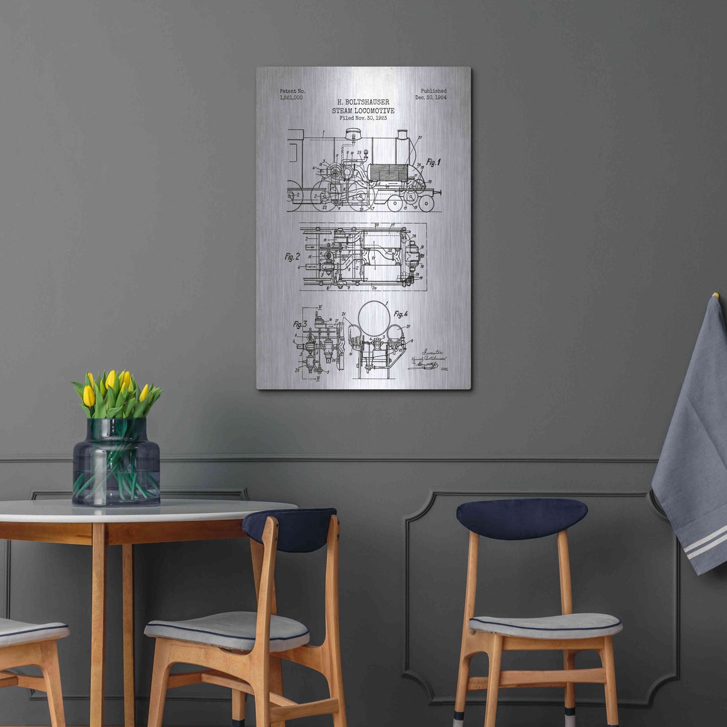 Luxe Metal Art 'Steam Locomotive Blueprint Patent White' Metal Wall Art,24x36