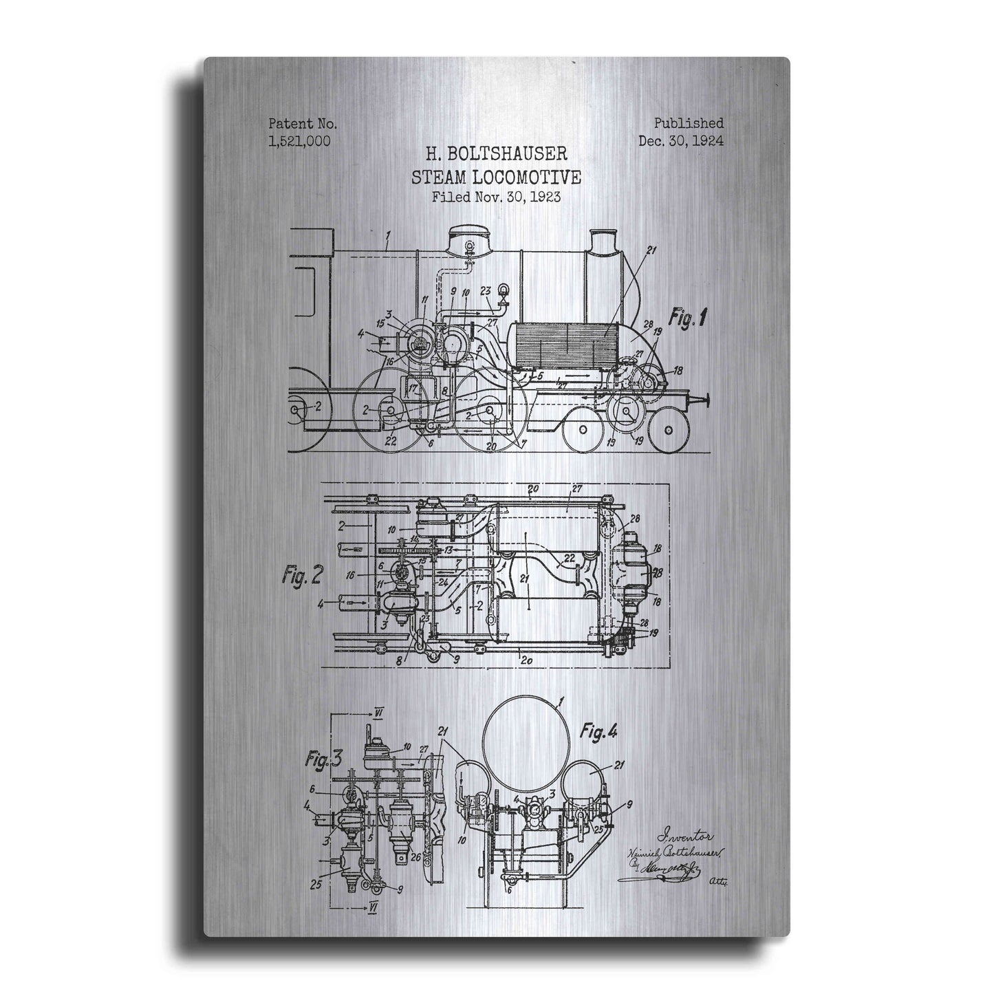 Luxe Metal Art 'Steam Locomotive Blueprint Patent White' Metal Wall Art