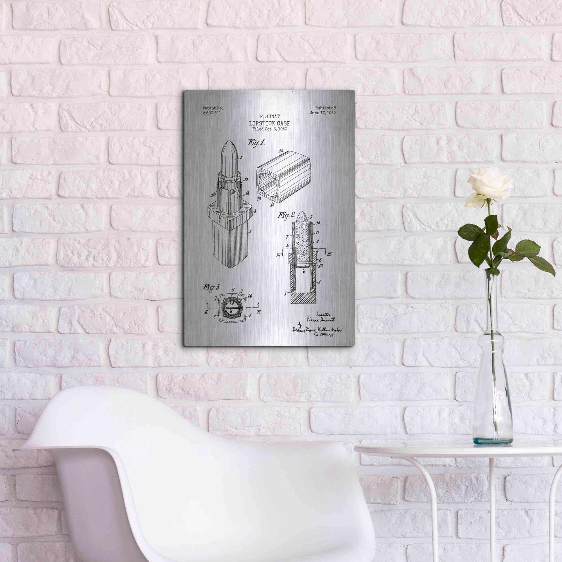 Luxe Metal Art 'Lipstick Case Blueprint Patent White' Metal Wall Art,16x24