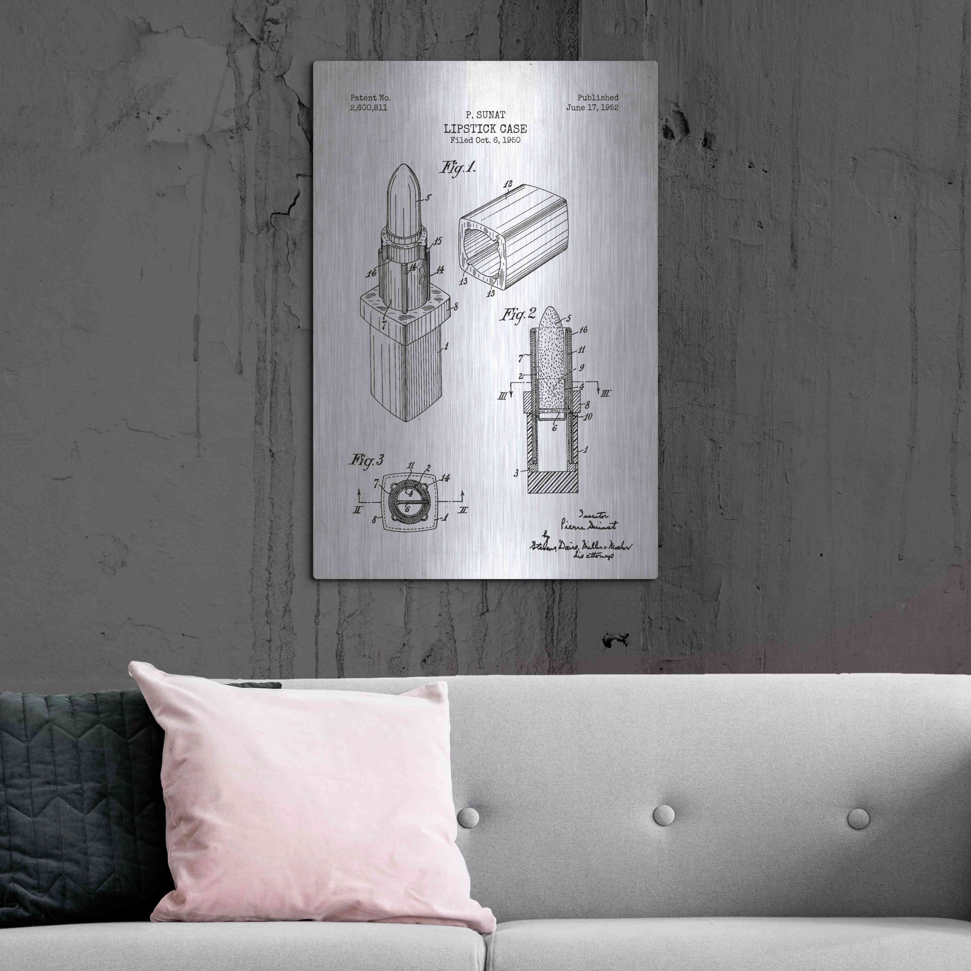 Luxe Metal Art 'Lipstick Case Blueprint Patent White' Metal Wall Art,24x36