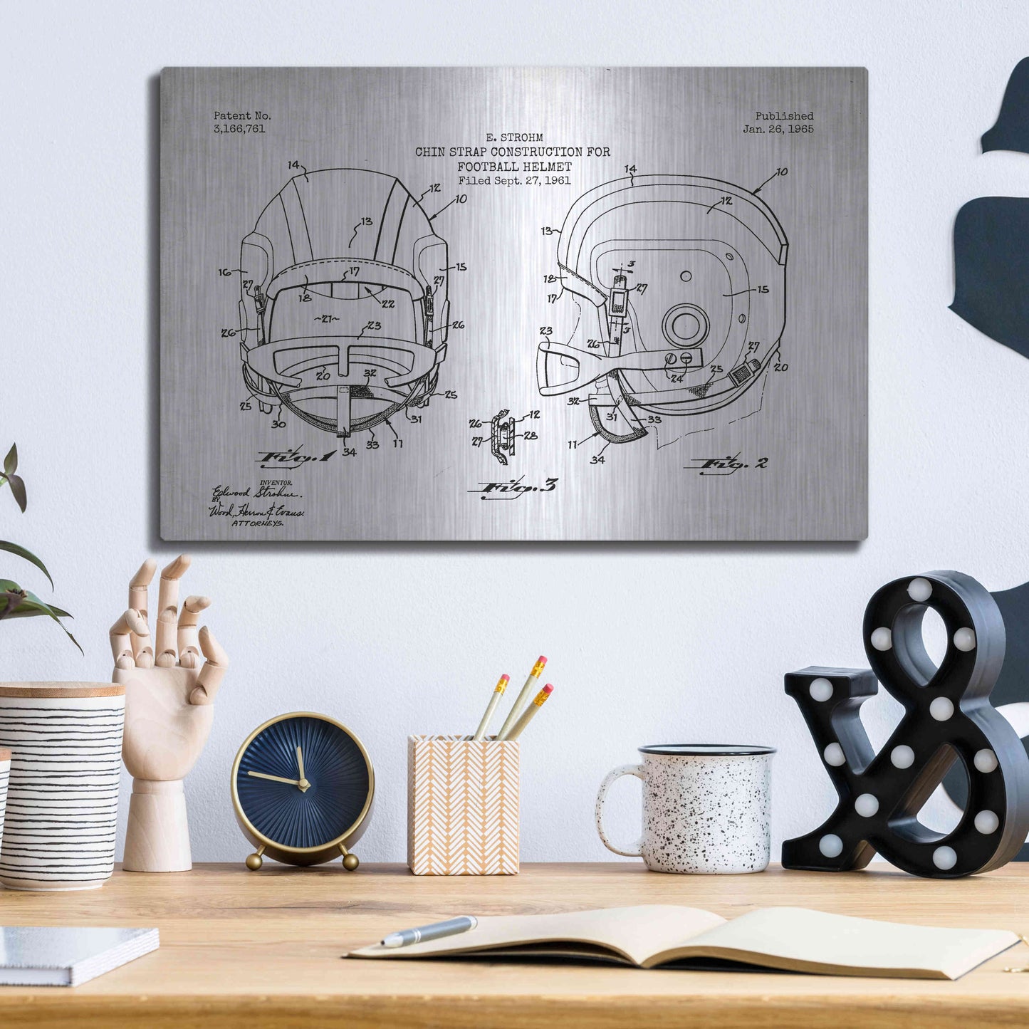 Luxe Metal Art 'Modern Football Helmet Blueprint Patent White' Metal Wall Art,16x12