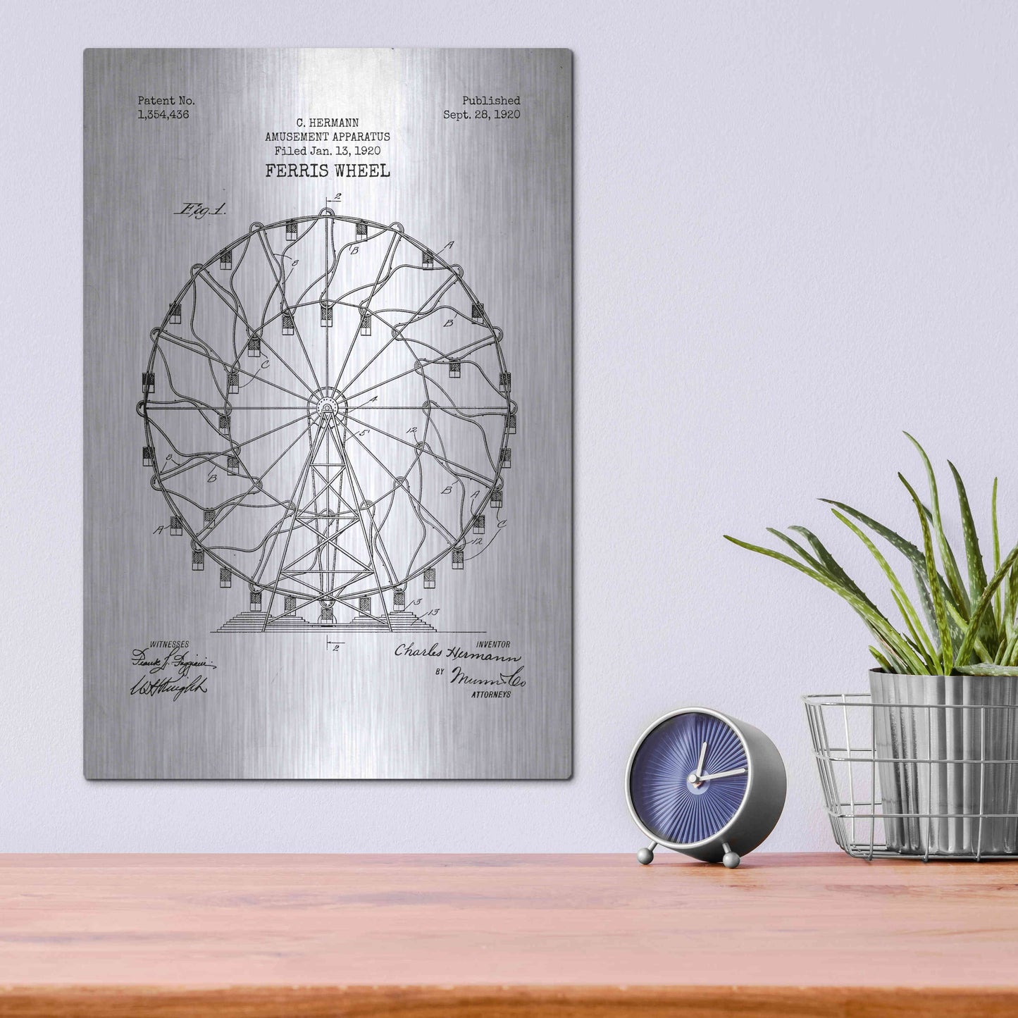 Luxe Metal Art 'Ferris Wheel, 1920 Blueprint Patent White' Metal Wall Art,12x16