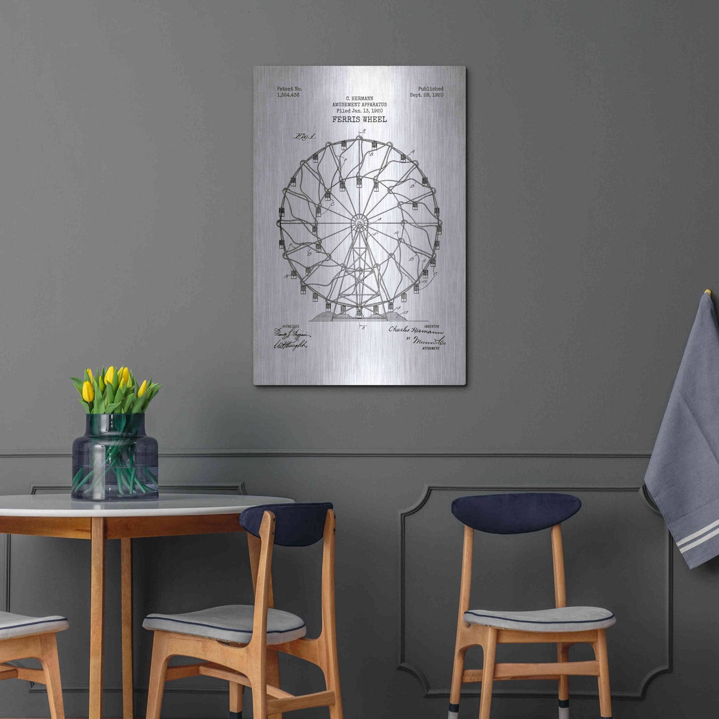 Luxe Metal Art 'Ferris Wheel, 1920 Blueprint Patent White' Metal Wall Art,24x36