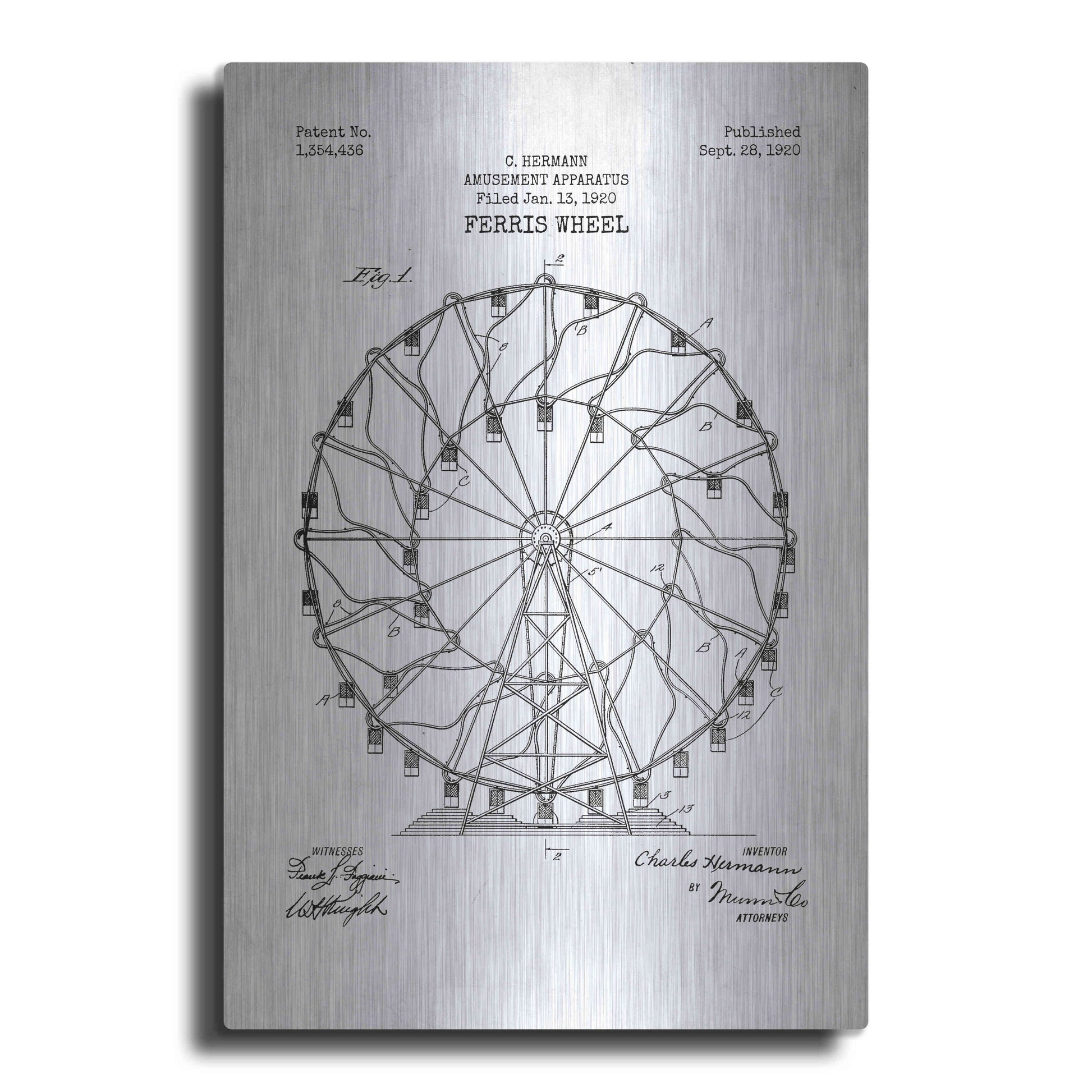 Luxe Metal Art 'Ferris Wheel, 1920 Blueprint Patent White' Metal Wall Art