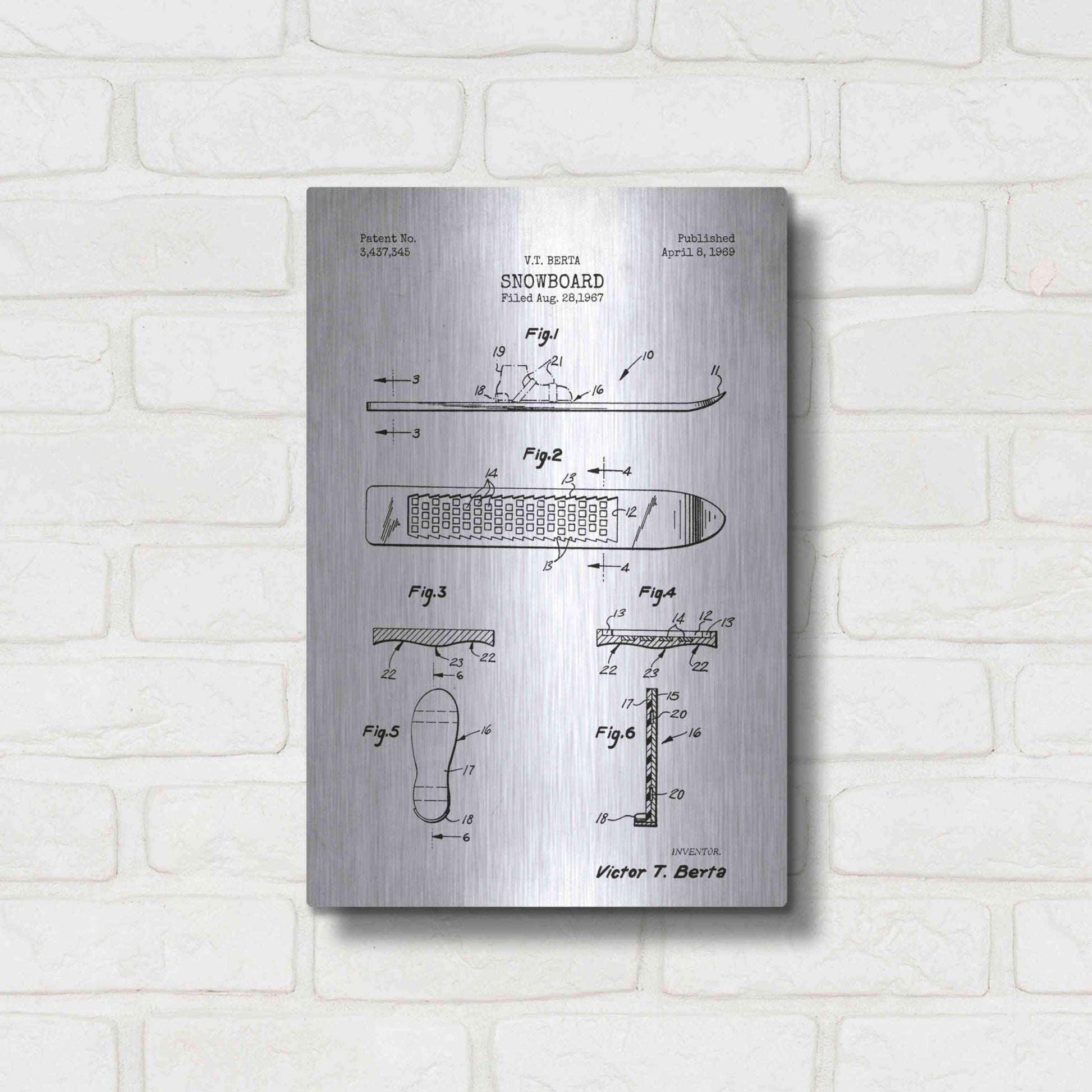 Luxe Metal Art 'Snowboard, 1969 Blueprint Patent White' Metal Wall Art,12x16