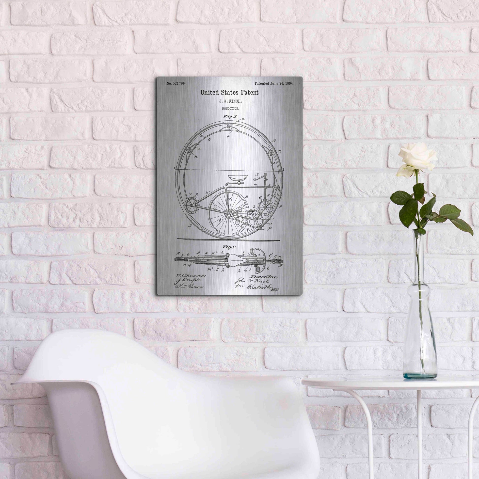 Luxe Metal Art 'Monocycle Vintage Patent White' Metal Wall Art,16x24