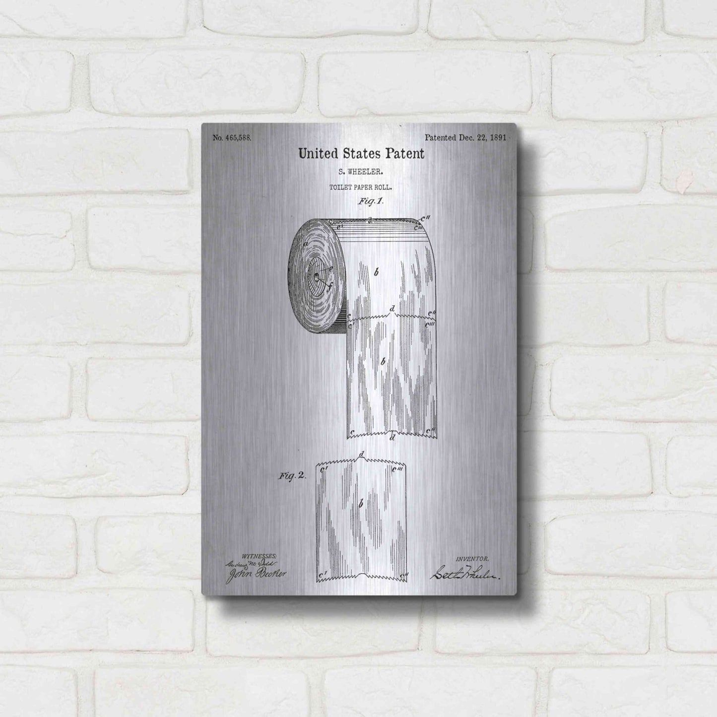 Luxe Metal Art 'Toilet Paper Roll Vintage Patent White' Metal Wall Art,12x16