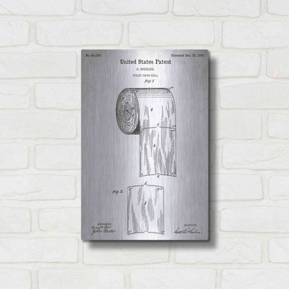 Luxe Metal Art 'Toilet Paper Roll Vintage Patent White' Metal Wall Art,12x16