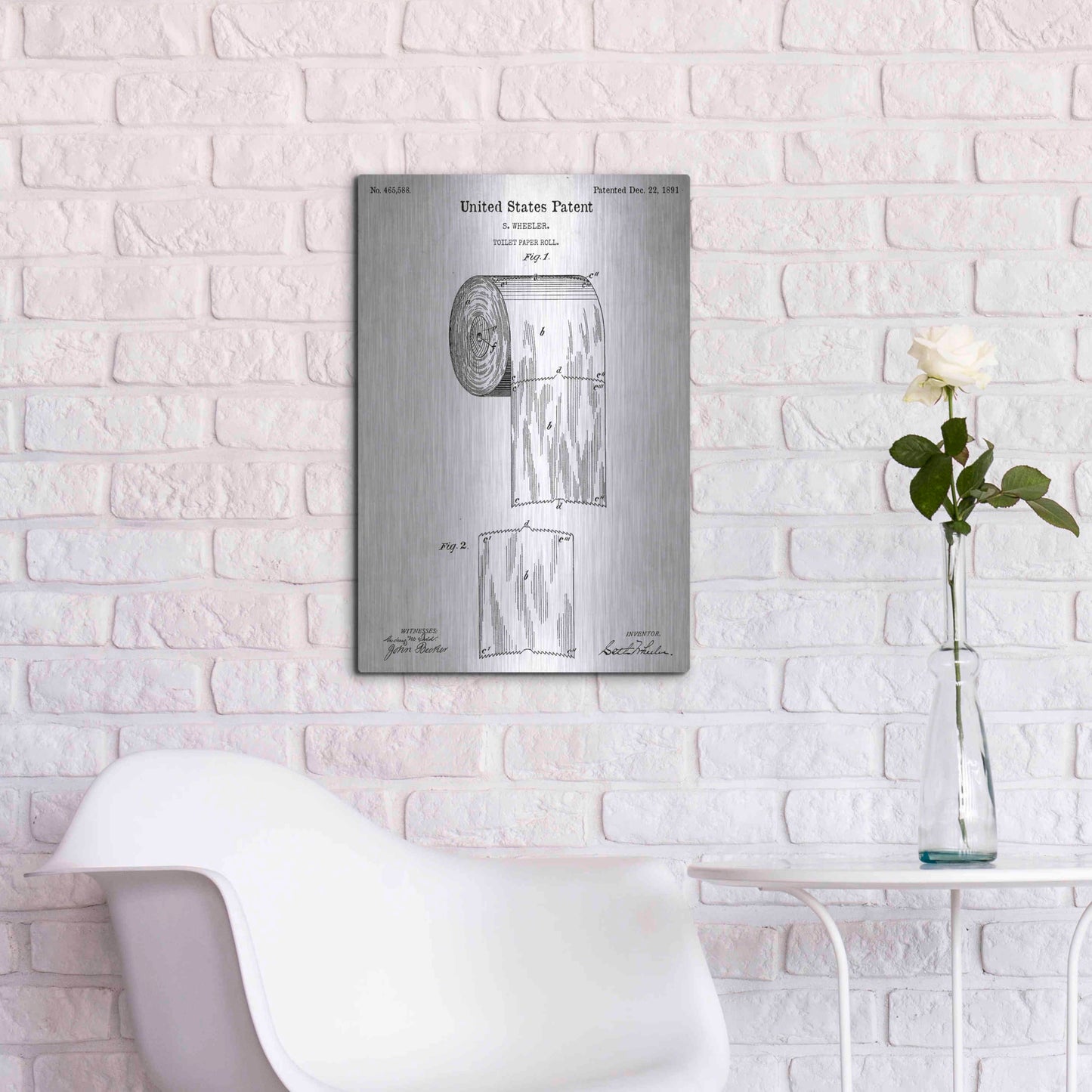 Luxe Metal Art 'Toilet Paper Roll Vintage Patent White' Metal Wall Art,16x24