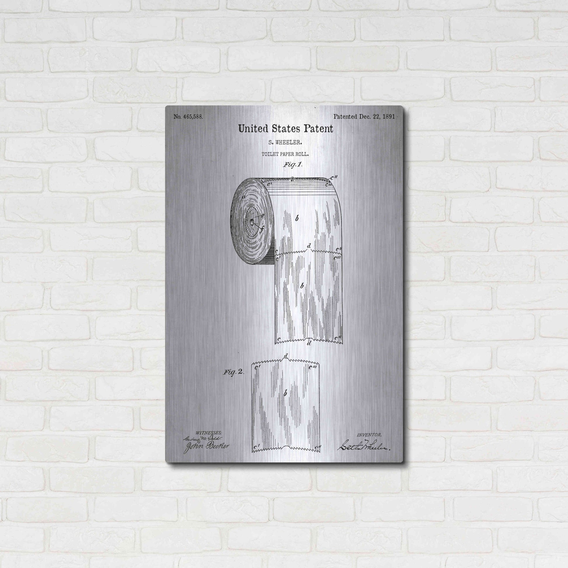 Luxe Metal Art 'Toilet Paper Roll Vintage Patent White' Metal Wall Art,24x36