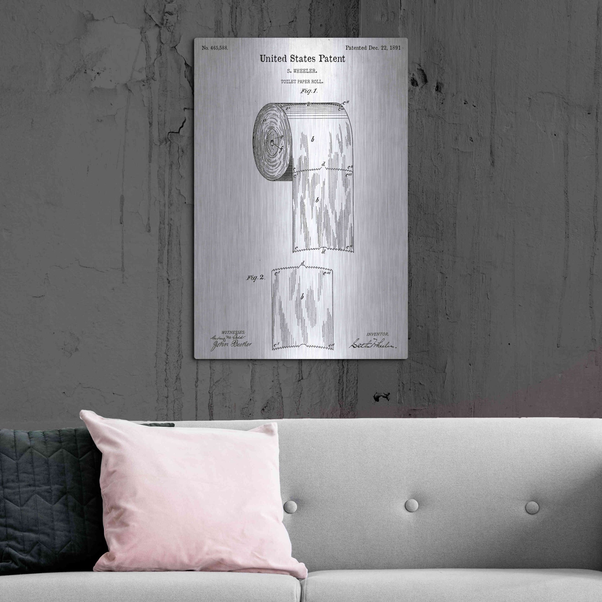 Luxe Metal Art 'Toilet Paper Roll Vintage Patent White' Metal Wall Art,24x36