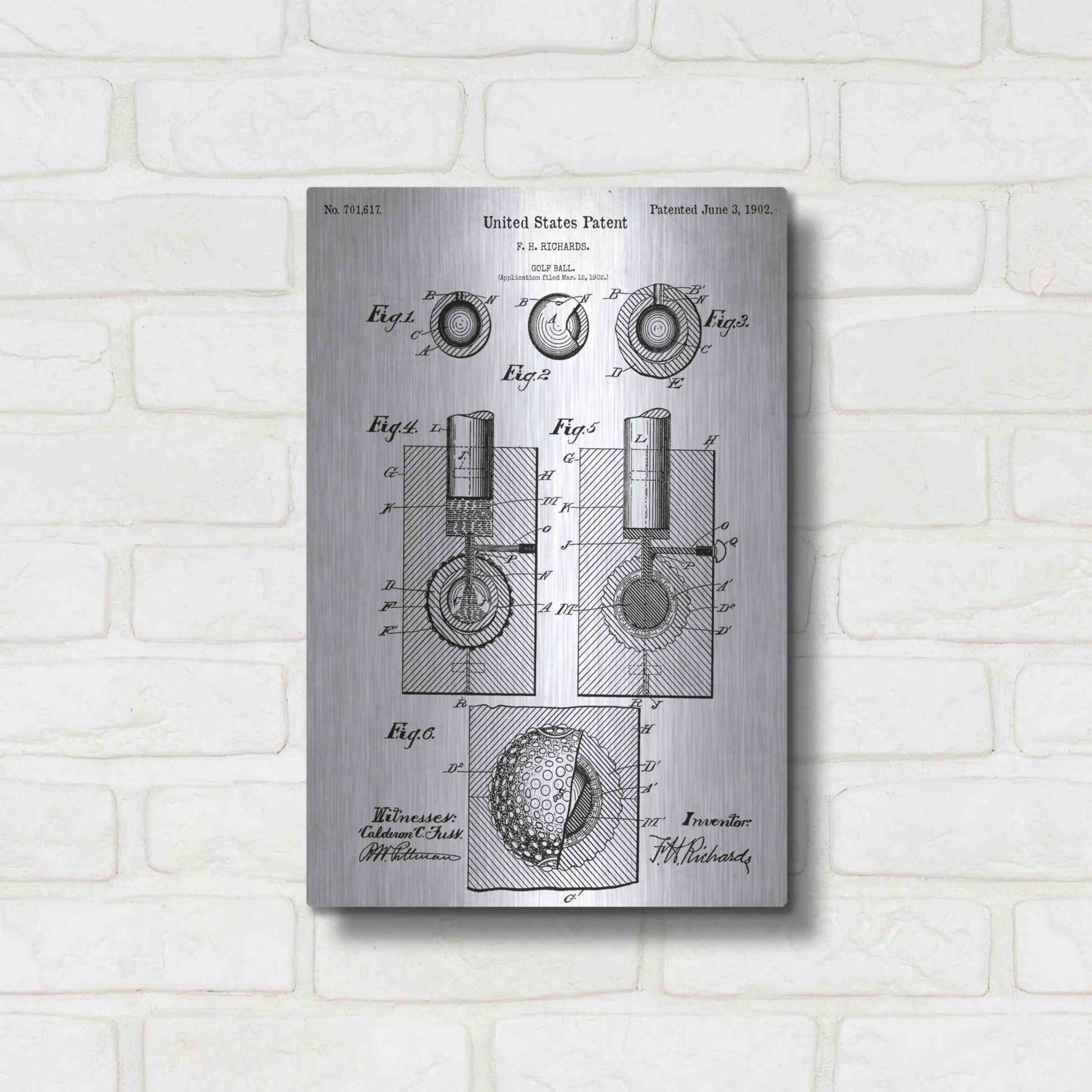 Luxe Metal Art 'Golf Ball Vintage Blueprint Patent White' Metal Wall Art,12x16