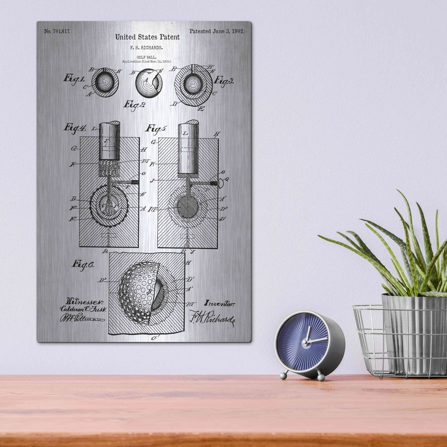 Luxe Metal Art 'Golf Ball Vintage Blueprint Patent White' Metal Wall Art,12x16