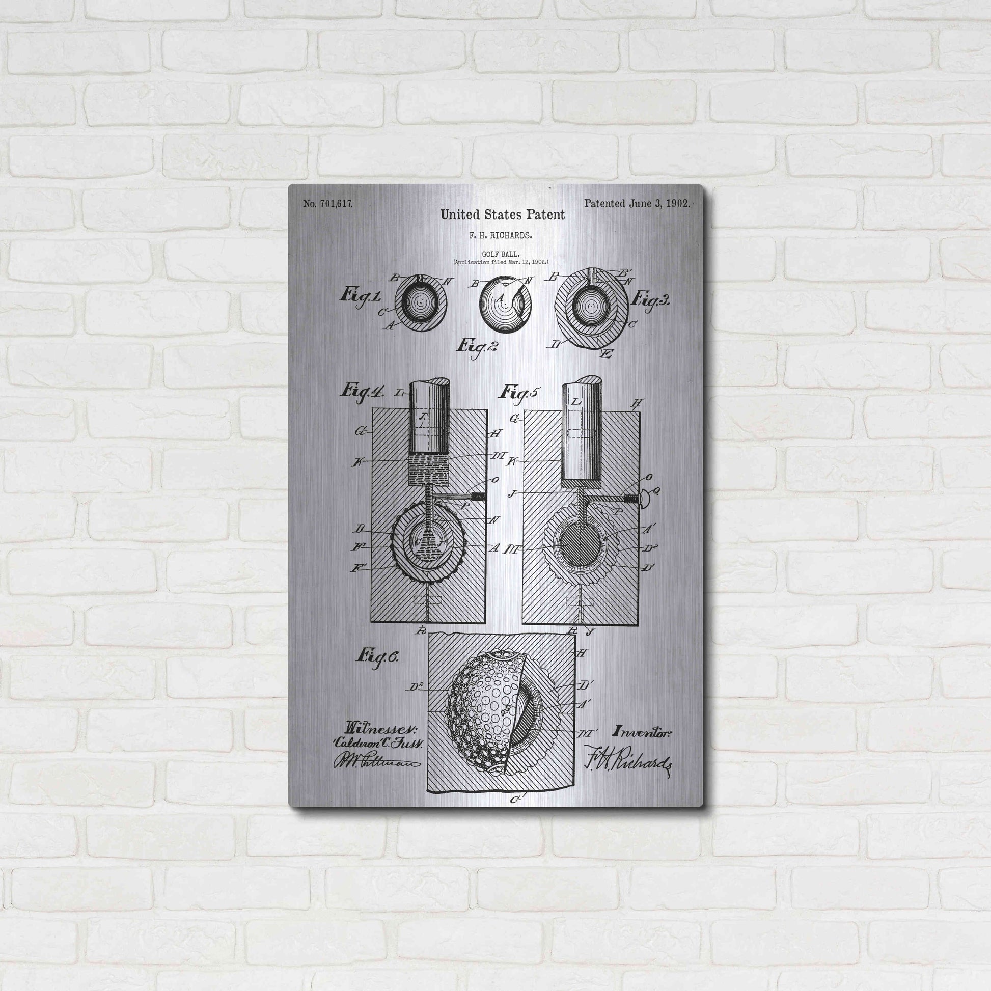 Luxe Metal Art 'Golf Ball Vintage Blueprint Patent White' Metal Wall Art,24x36