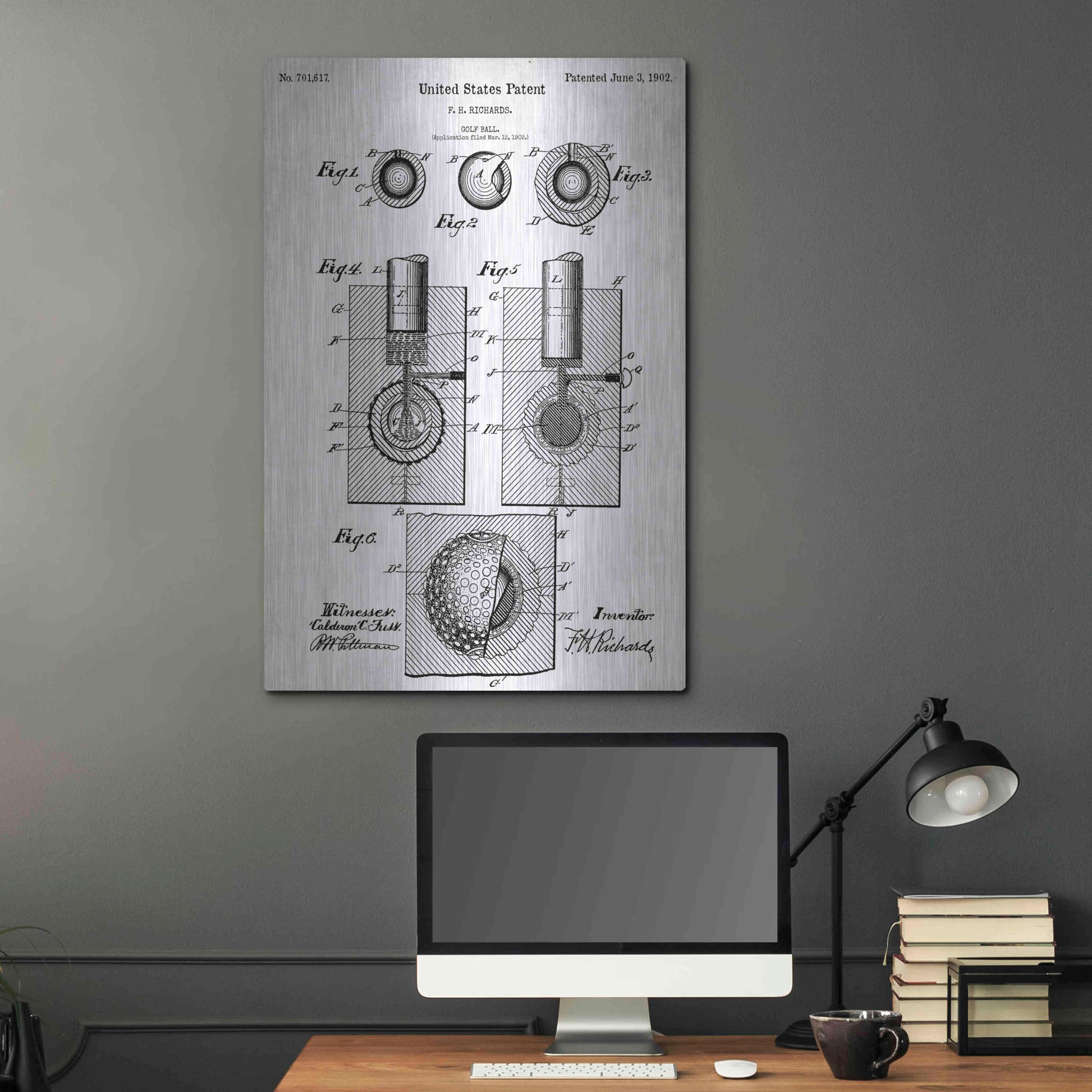 Luxe Metal Art 'Golf Ball Vintage Blueprint Patent White' Metal Wall Art,24x36