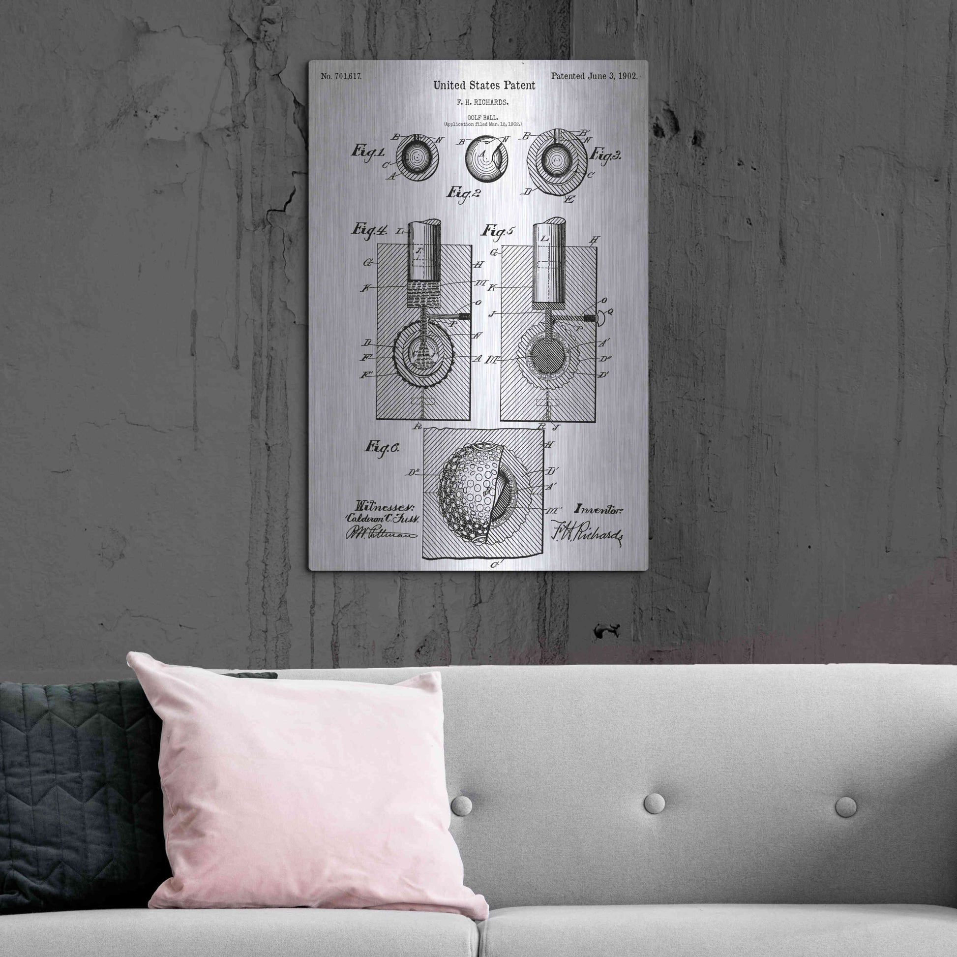 Luxe Metal Art 'Golf Ball Vintage Blueprint Patent White' Metal Wall Art,24x36