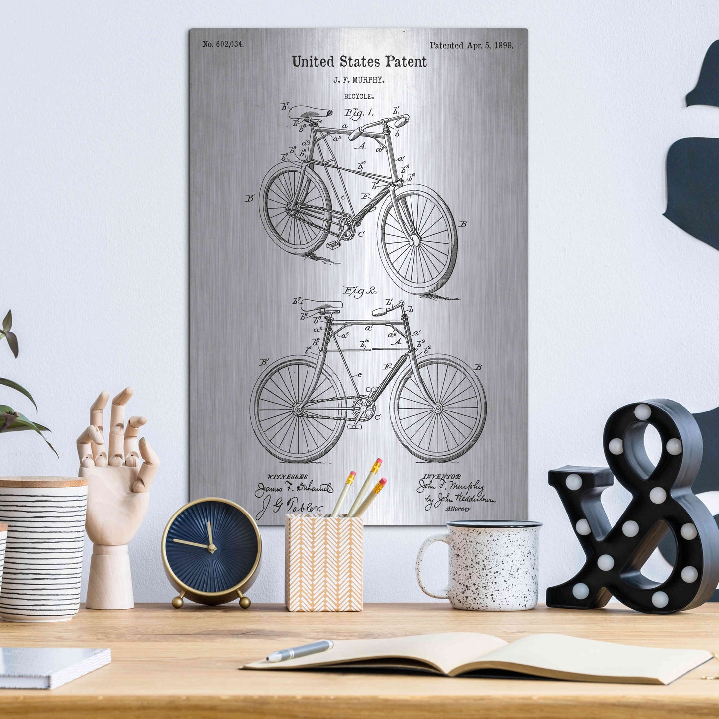 Luxe Metal Art 'Bicycle Vintage Blueprint Patent White' Metal Wall Art,12x16