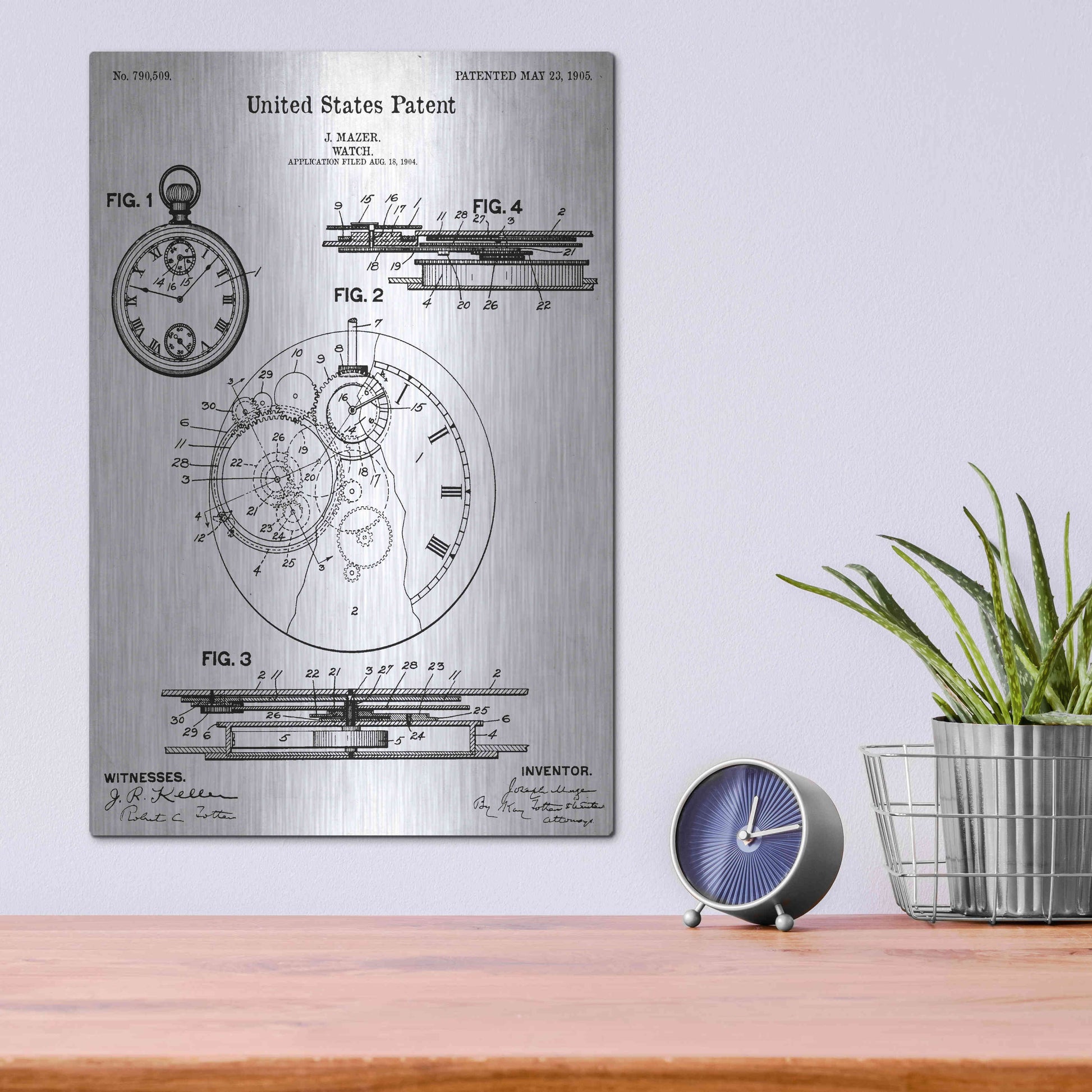 Luxe Metal Art 'Stopwatch Vintage Blueprint Patent White' Metal Wall Art,12x16