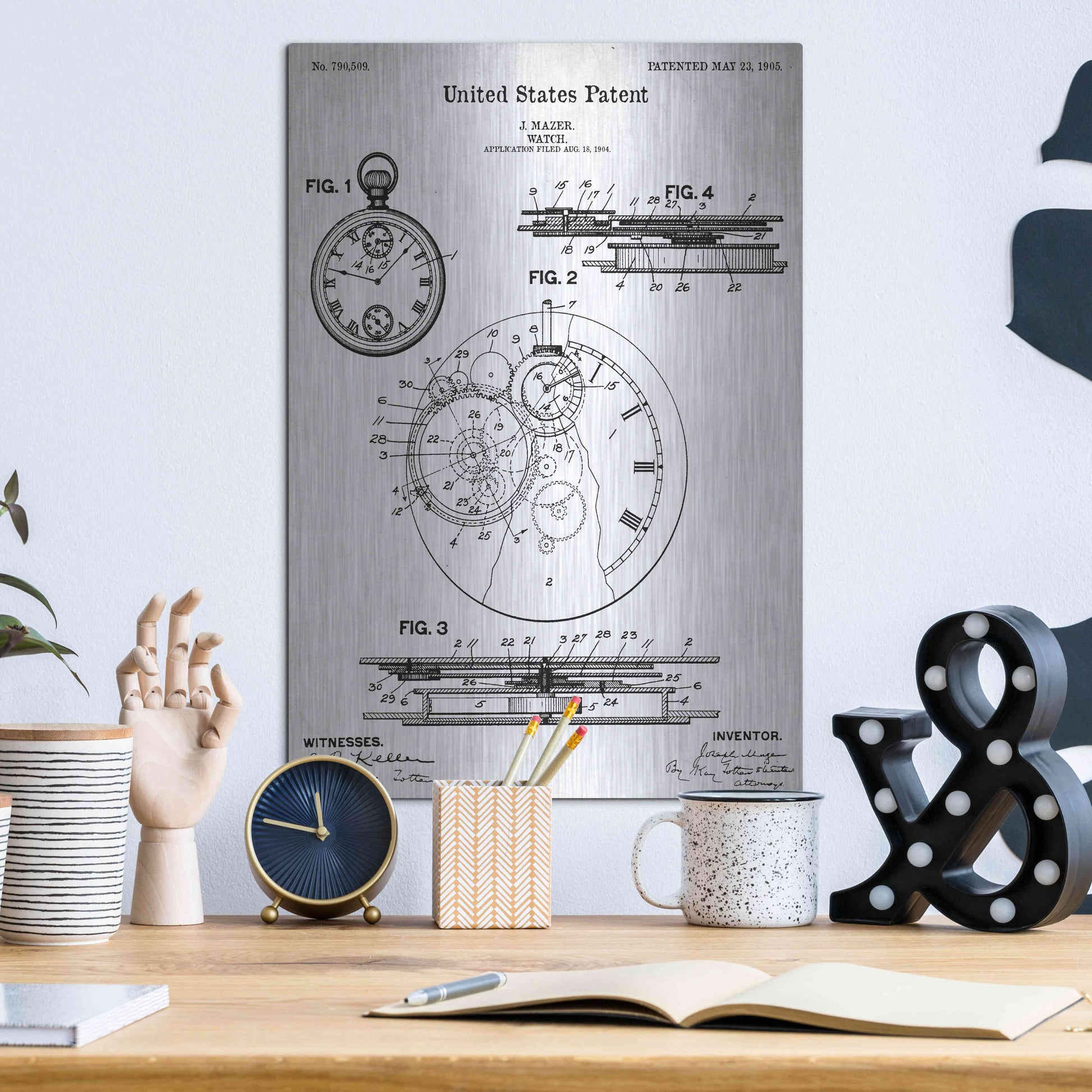 Luxe Metal Art 'Stopwatch Vintage Blueprint Patent White' Metal Wall Art,12x16