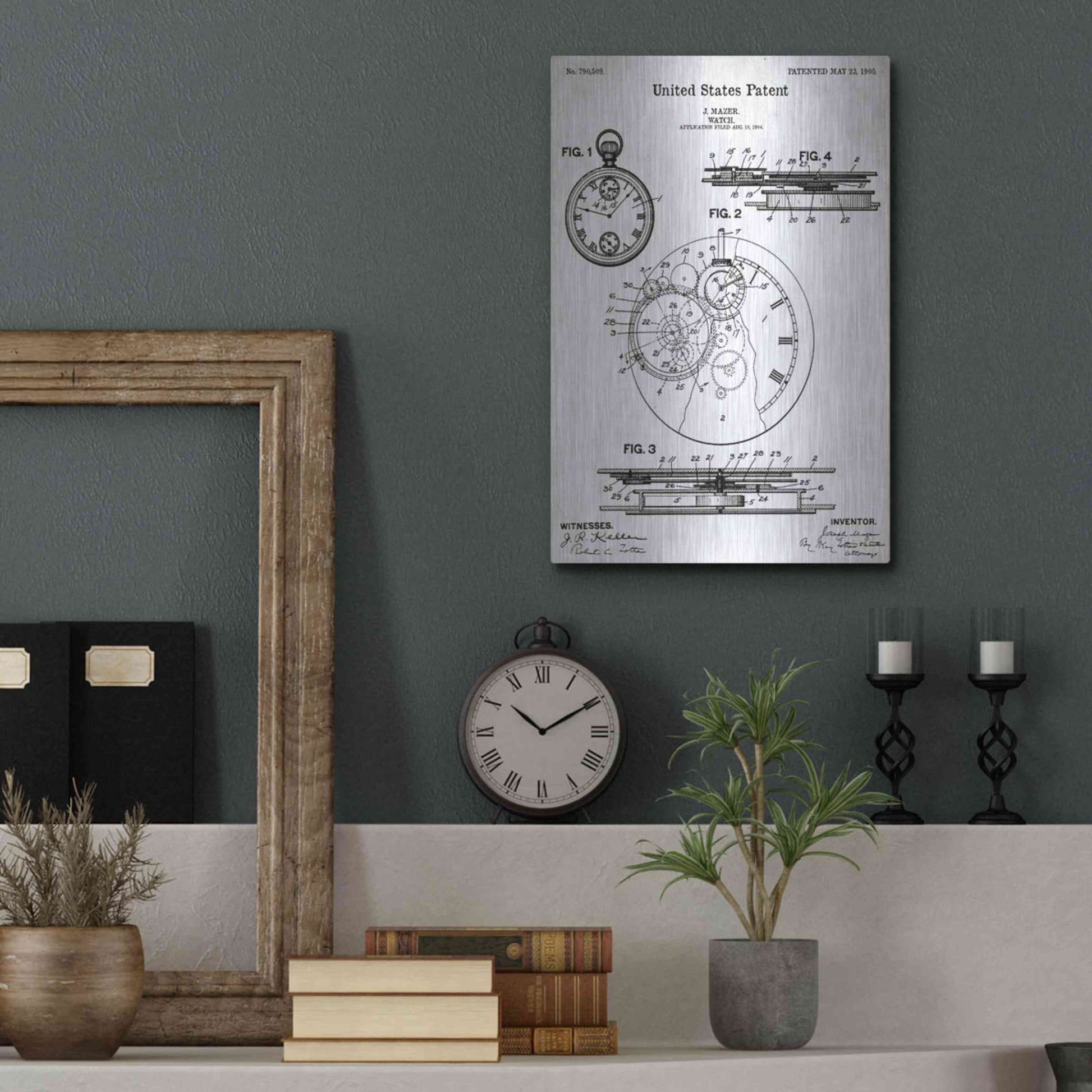 Luxe Metal Art 'Stopwatch Vintage Blueprint Patent White' Metal Wall Art,12x16