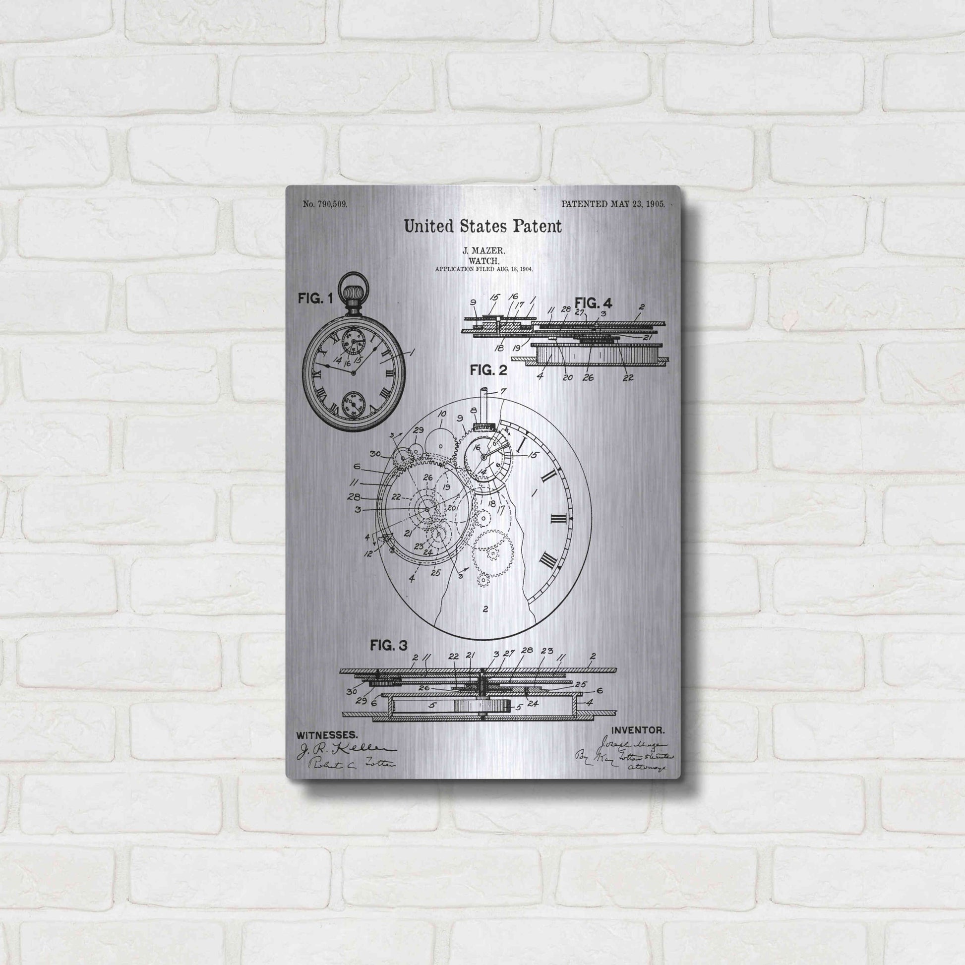 Luxe Metal Art 'Stopwatch Vintage Blueprint Patent White' Metal Wall Art,16x24