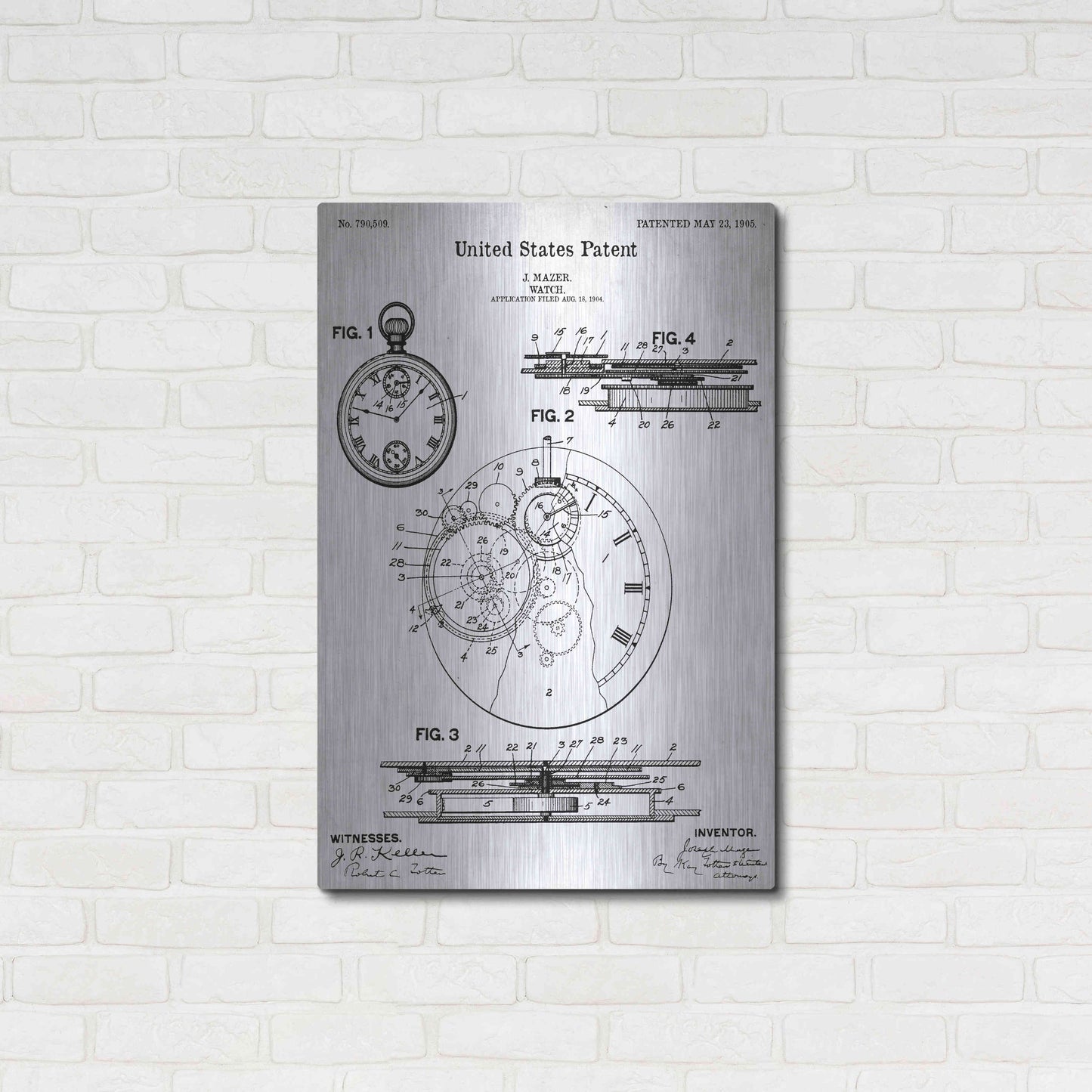 Luxe Metal Art 'Stopwatch Vintage Blueprint Patent White' Metal Wall Art,24x36