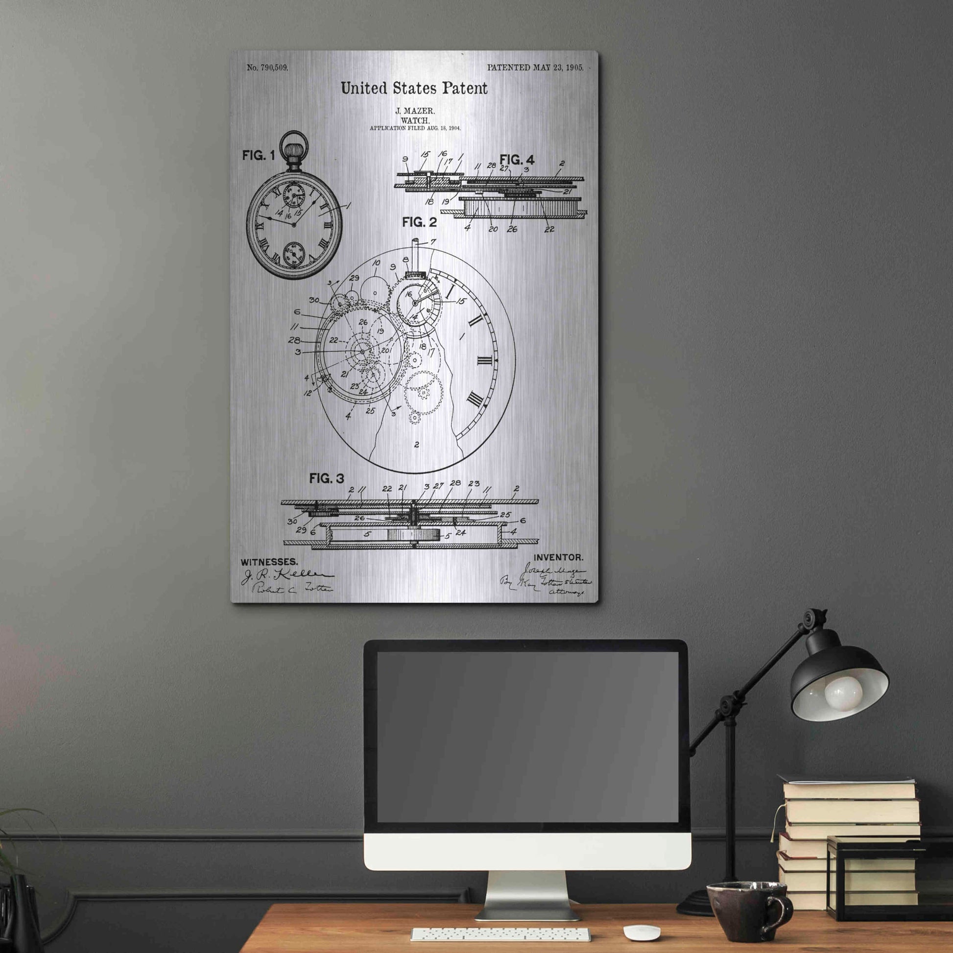 Luxe Metal Art 'Stopwatch Vintage Blueprint Patent White' Metal Wall Art,24x36