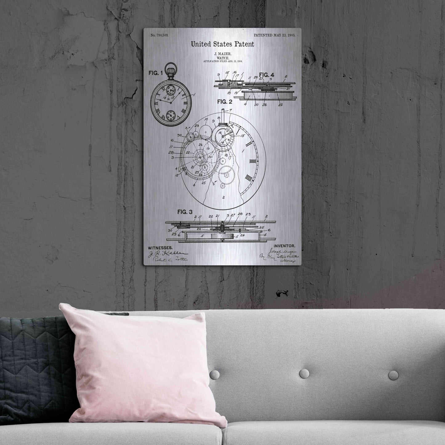 Luxe Metal Art 'Stopwatch Vintage Blueprint Patent White' Metal Wall Art,24x36