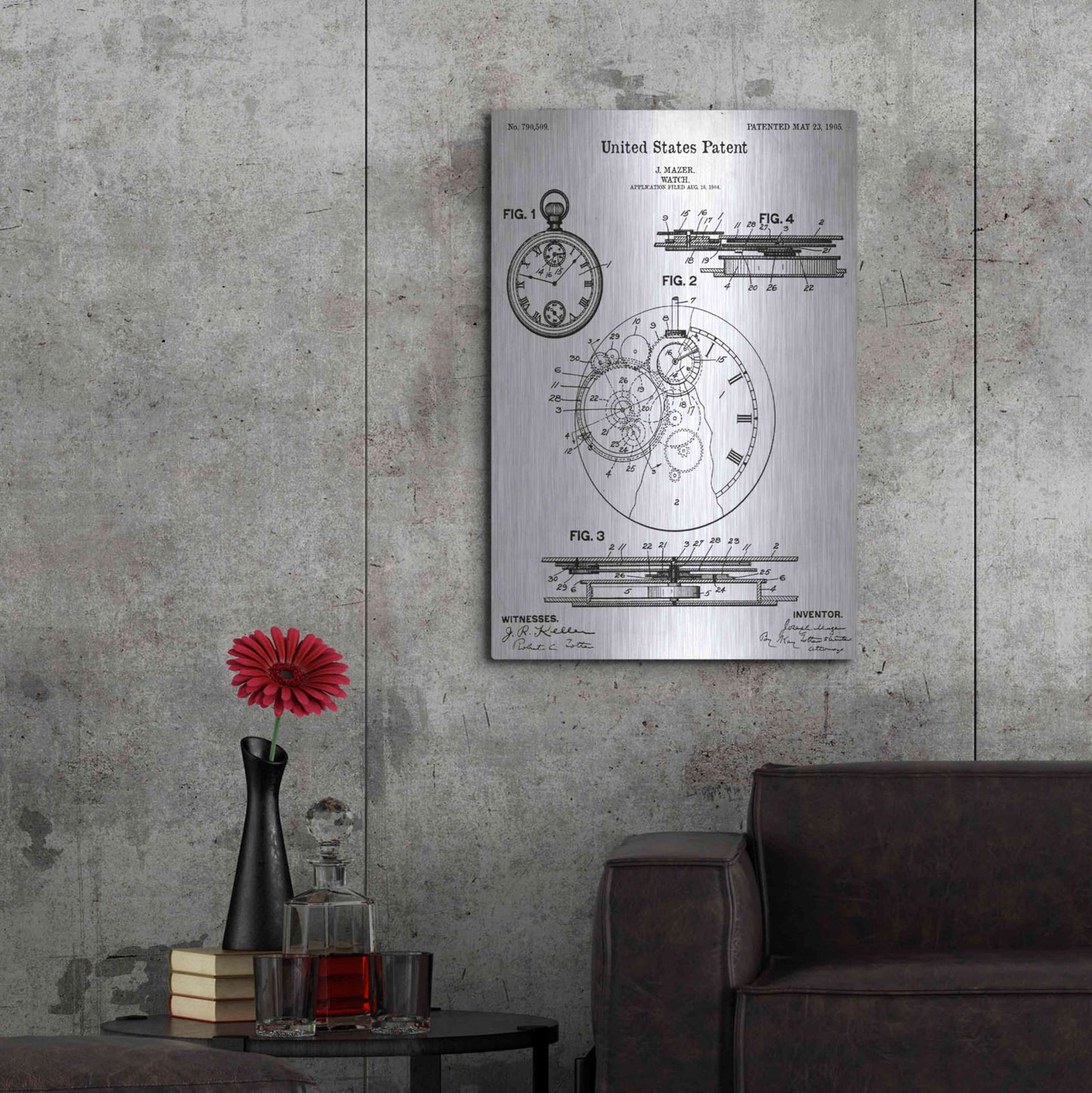 Luxe Metal Art 'Stopwatch Vintage Blueprint Patent White' Metal Wall Art,24x36