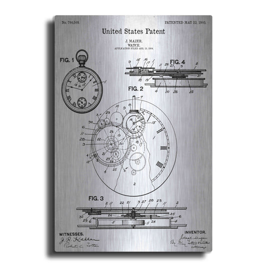 Luxe Metal Art 'Stopwatch Vintage Blueprint Patent White' Metal Wall Art