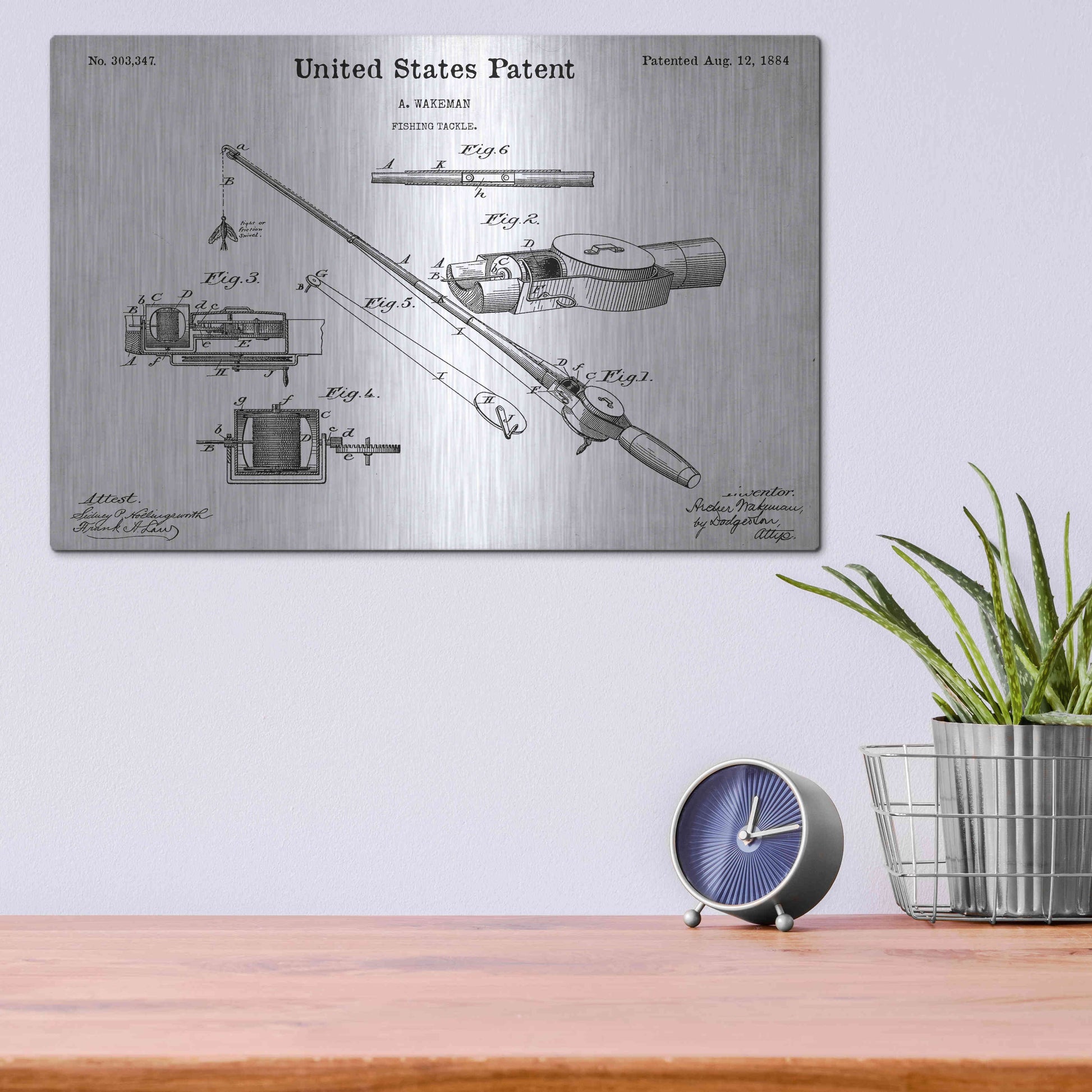 Luxe Metal Art 'Fishing Tackle Vintage Blueprint Patent White' Metal Wall Art,16x12