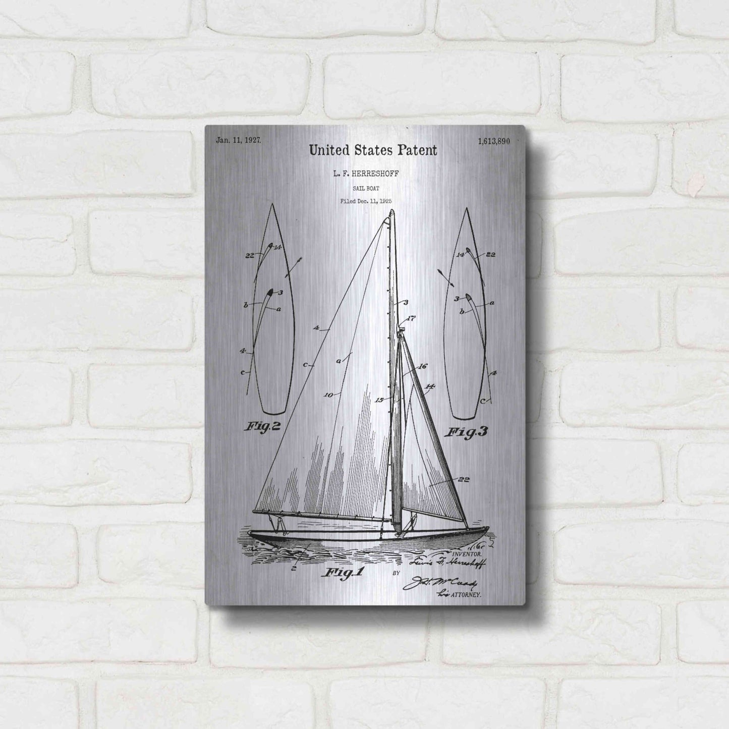 Luxe Metal Art 'Sailboat Vintage Blueprint Patent White' Acrylic Glass Wall Art,12x16