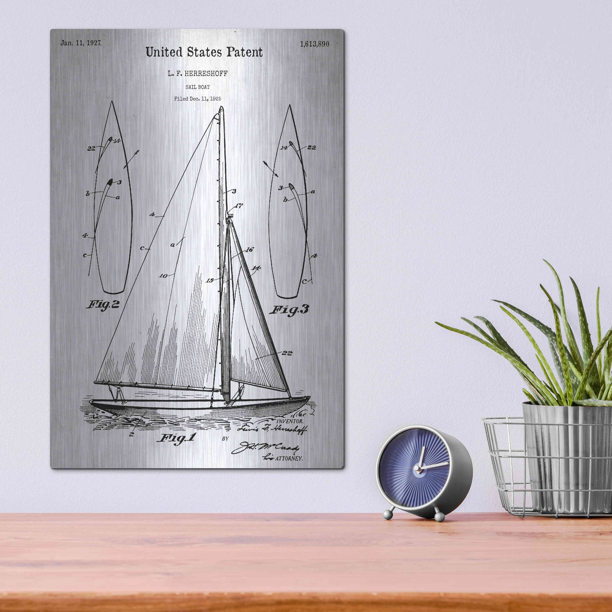 Luxe Metal Art 'Sailboat Vintage Blueprint Patent White' Acrylic Glass Wall Art,12x16