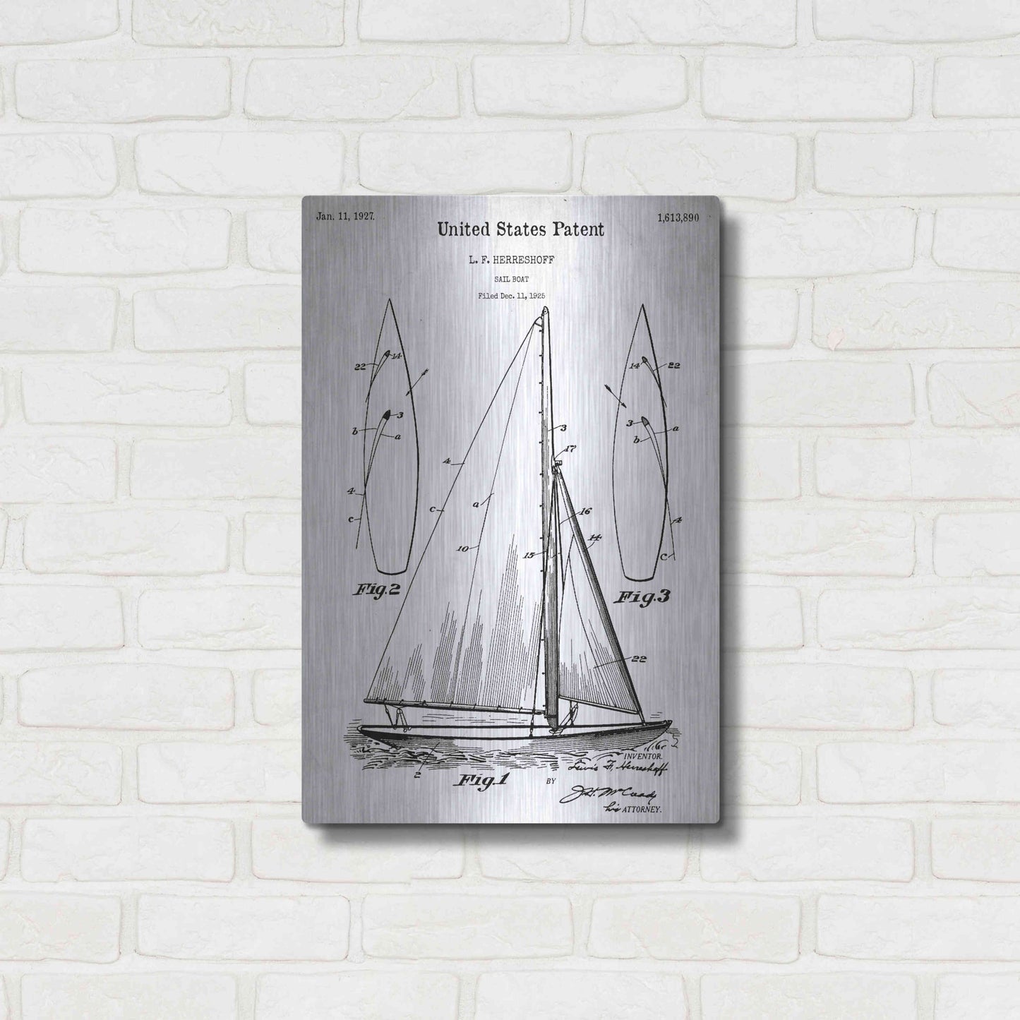 Luxe Metal Art 'Sailboat Vintage Blueprint Patent White' Acrylic Glass Wall Art,16x24