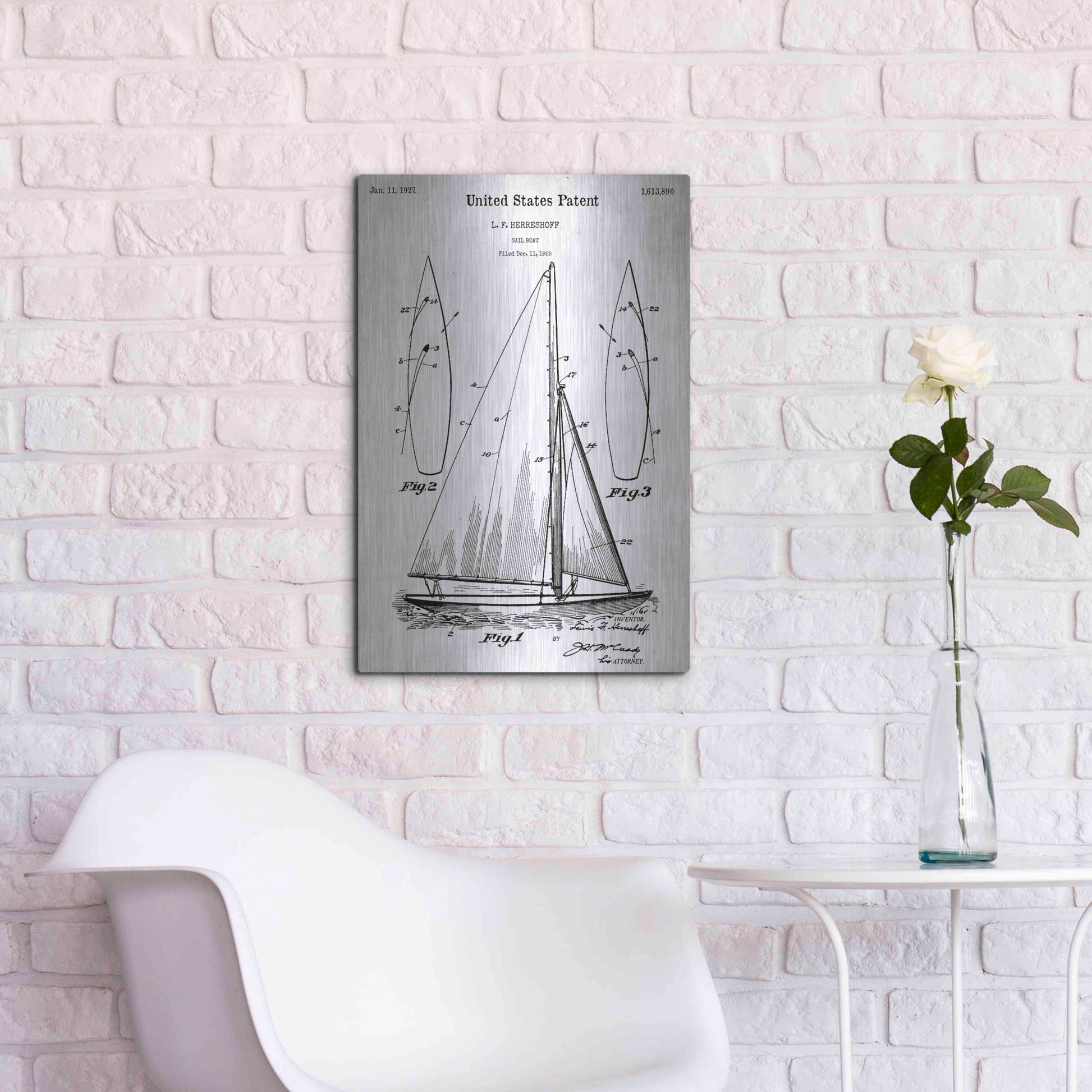 Luxe Metal Art 'Sailboat Vintage Blueprint Patent White' Acrylic Glass Wall Art,16x24