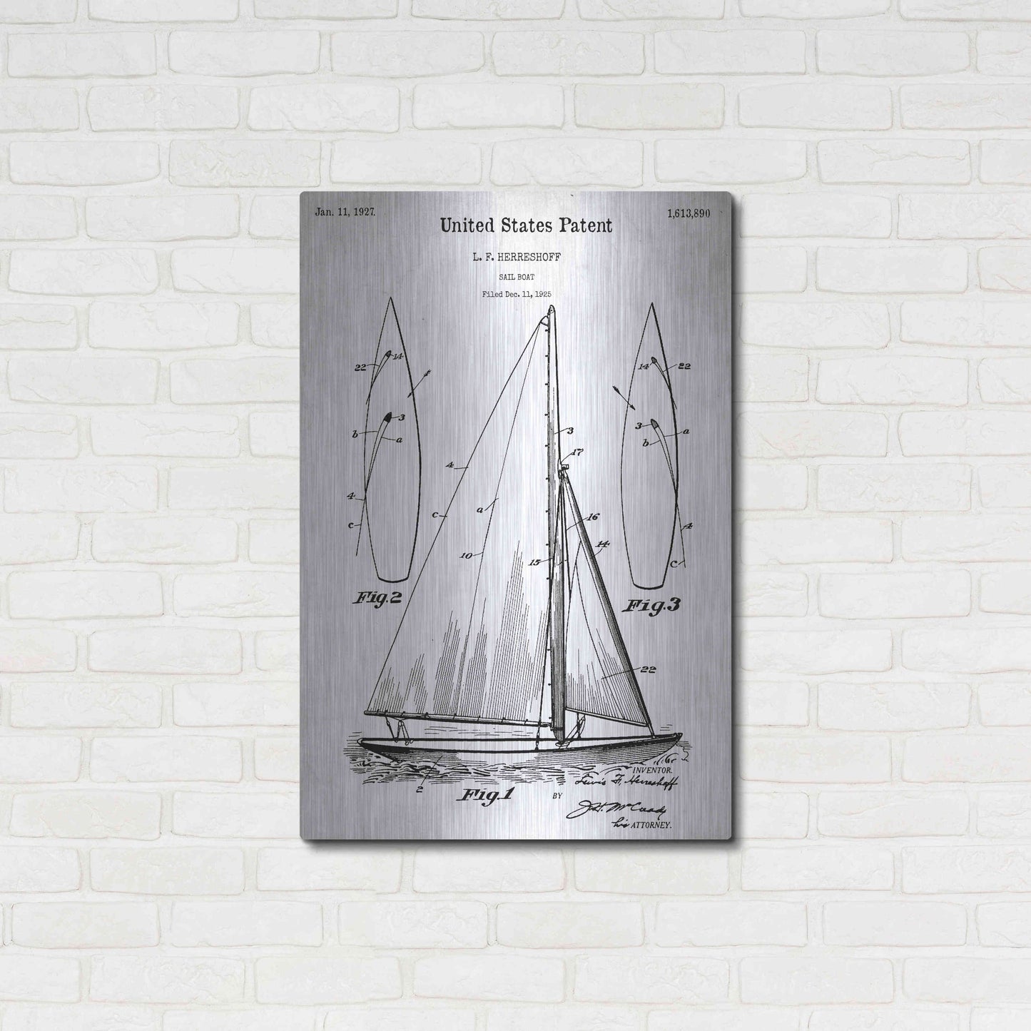 Luxe Metal Art 'Sailboat Vintage Blueprint Patent White' Acrylic Glass Wall Art,24x36