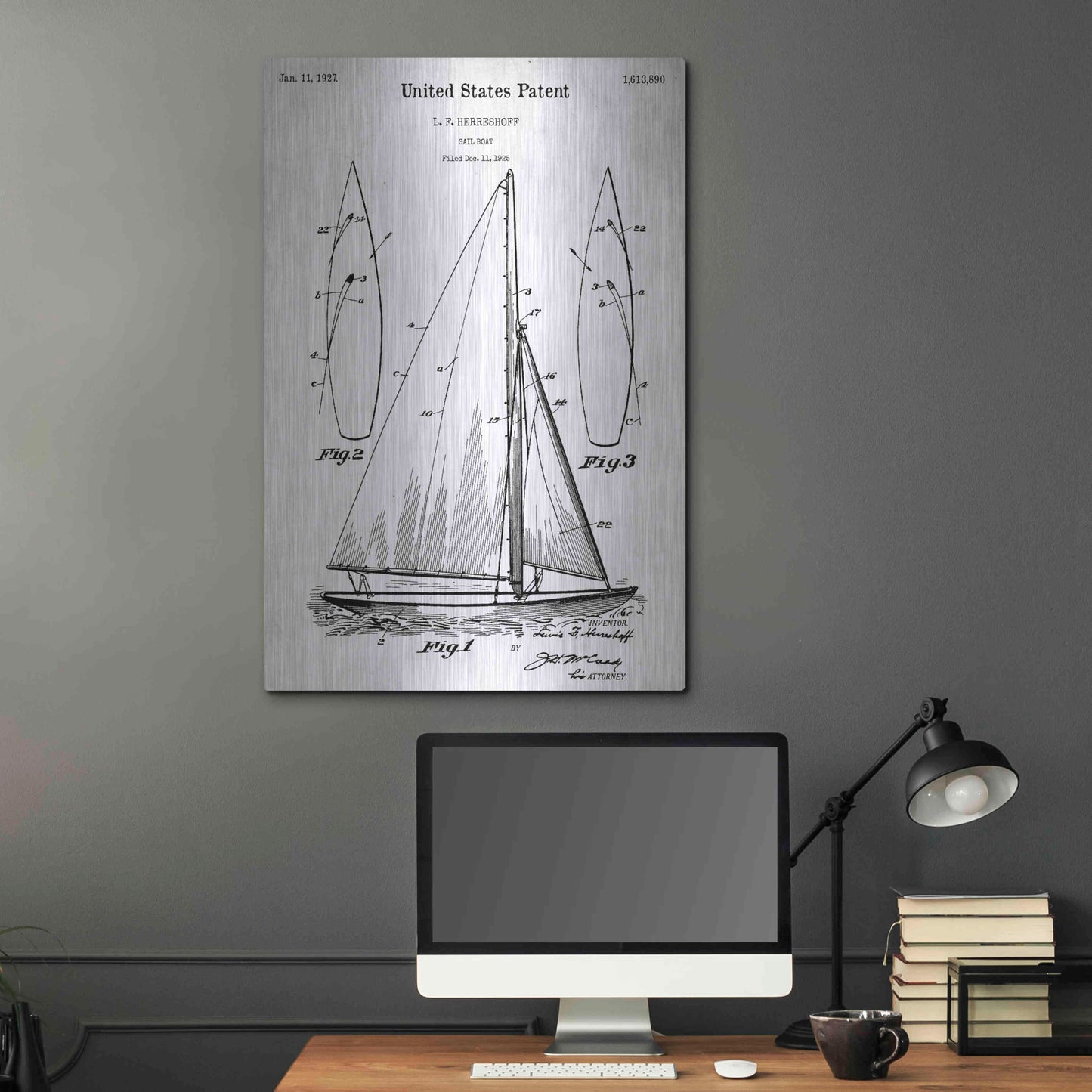 Luxe Metal Art 'Sailboat Vintage Blueprint Patent White' Acrylic Glass Wall Art,24x36