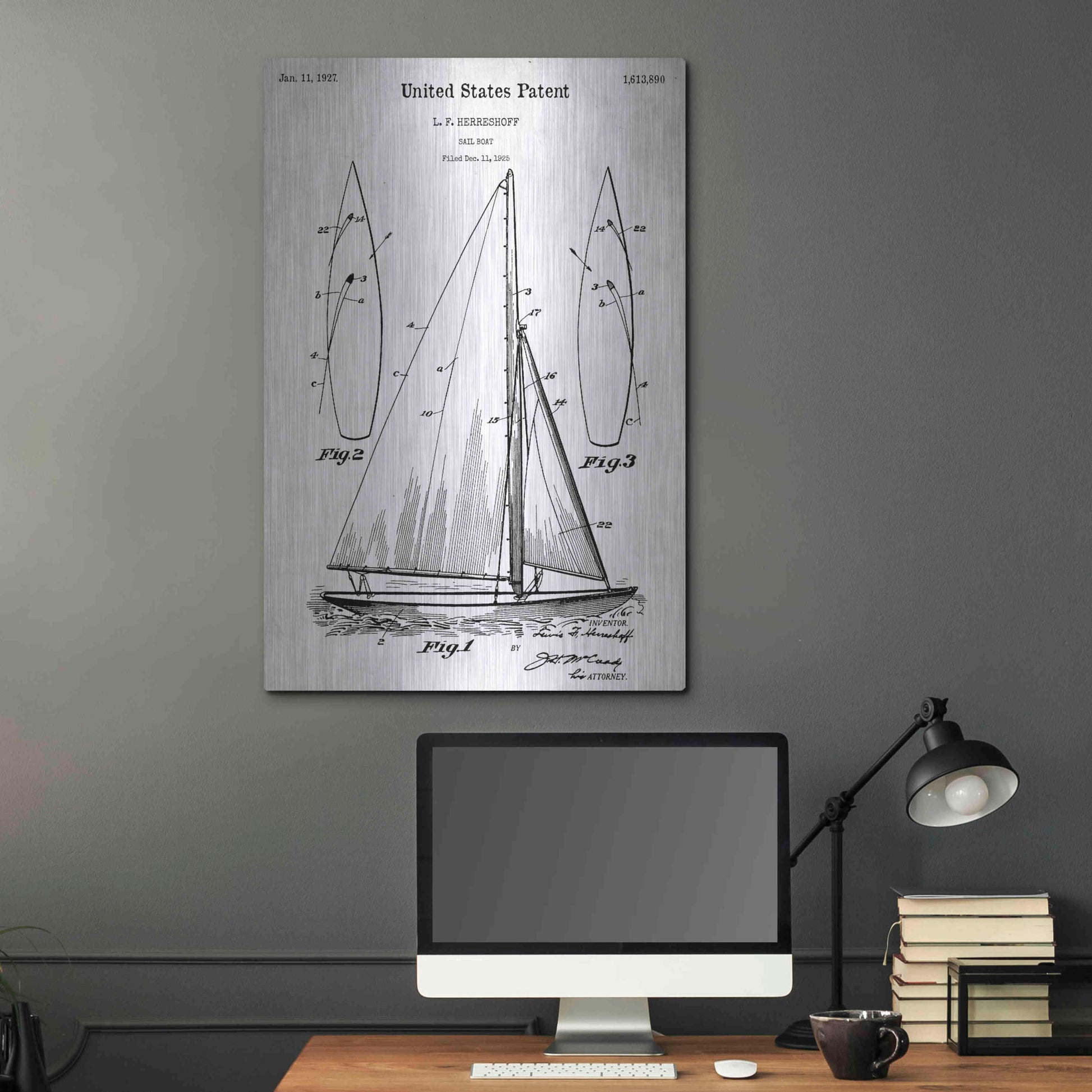 Luxe Metal Art 'Sailboat Vintage Blueprint Patent White' Acrylic Glass Wall Art,24x36