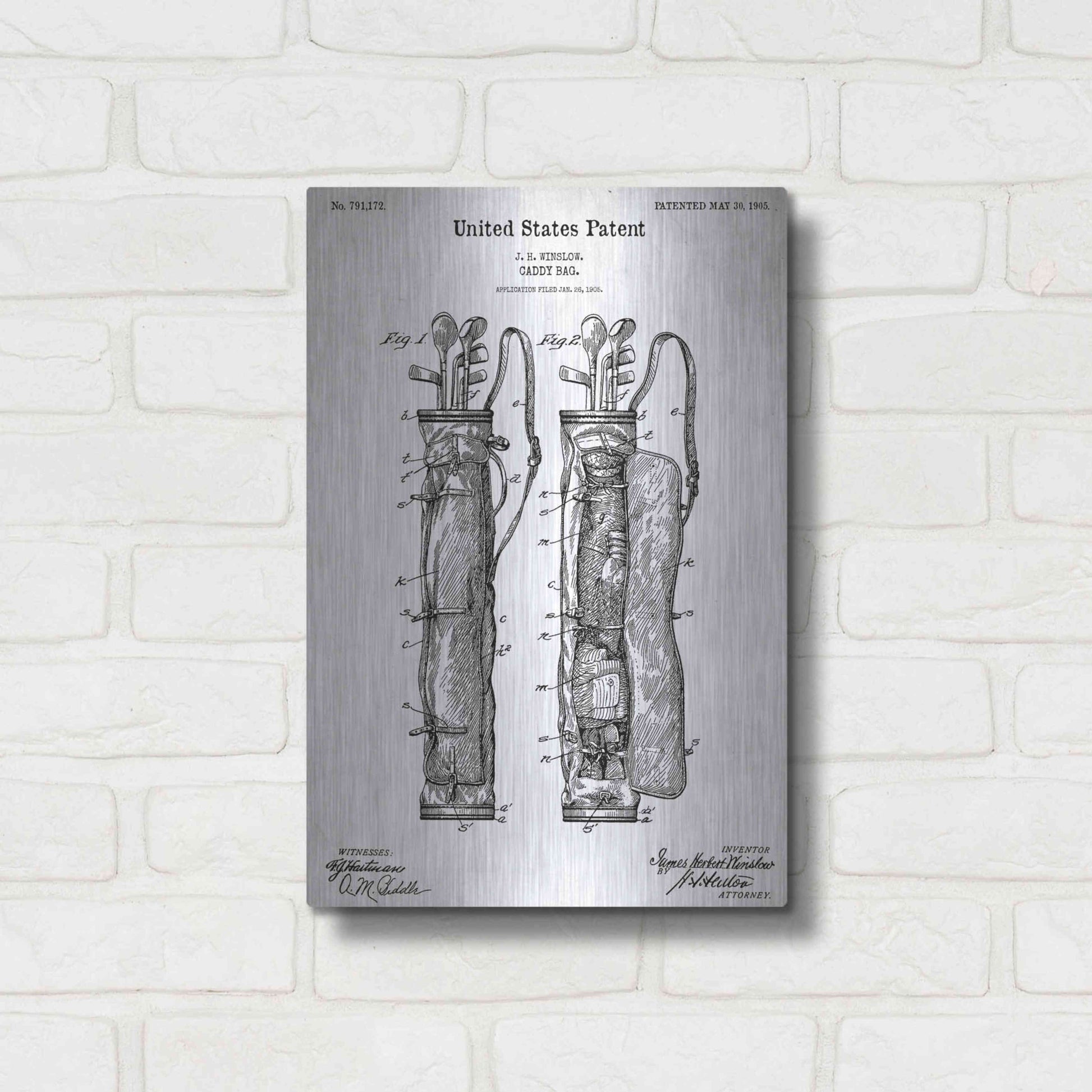 Luxe Metal Art 'Golf Bag Caddy Vintage Blueprint Patent White' Acrylic Glass Wall Art,12x16